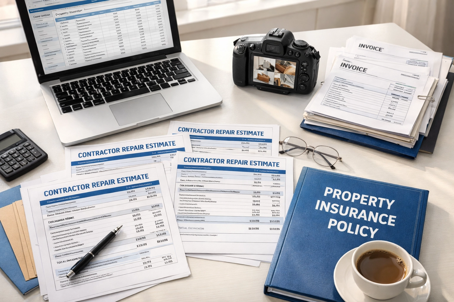 Organized insurance claim documents including contractor estimates, invoices, and property damage photos