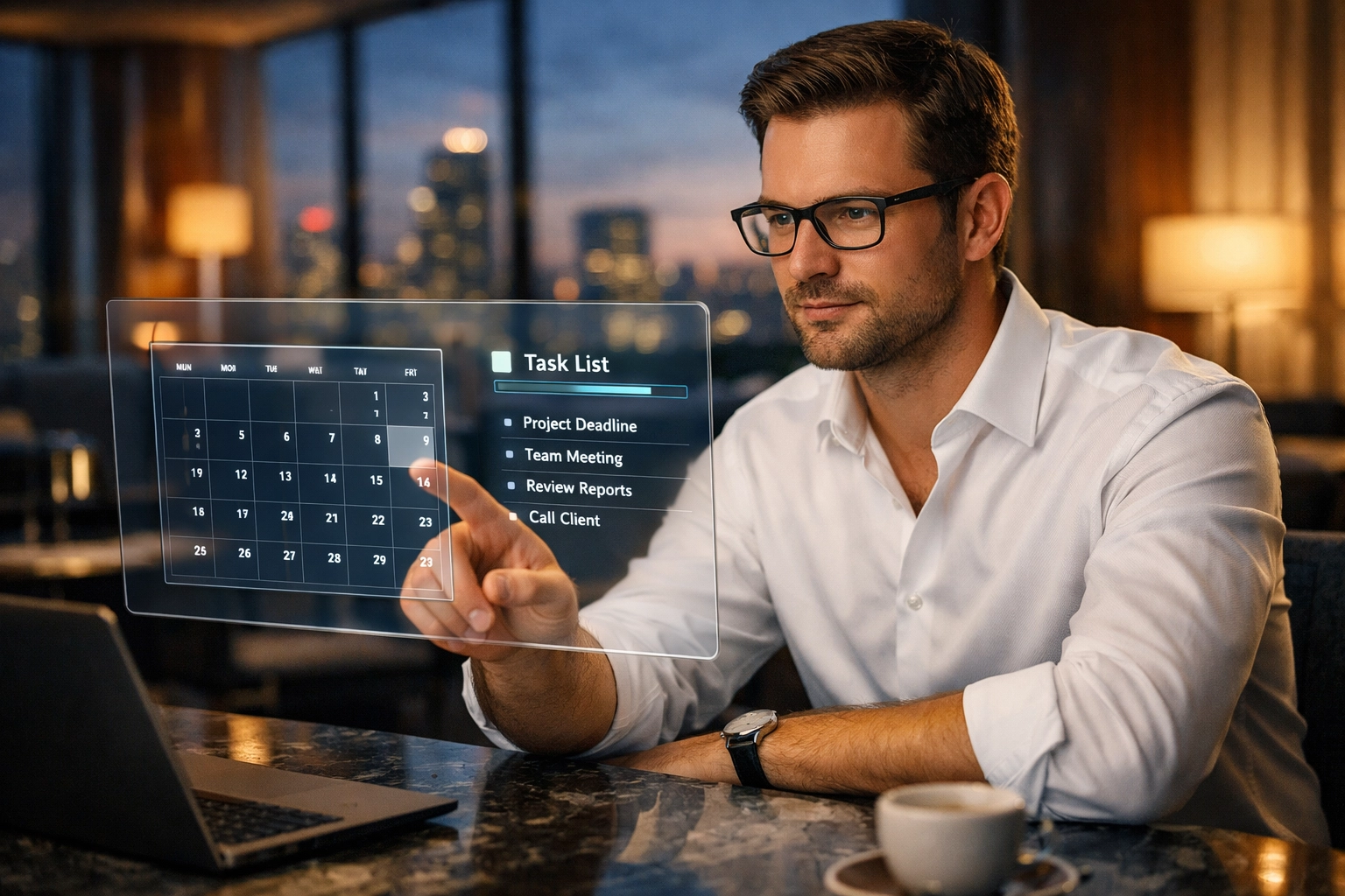 Bandleader using digital band management dashboard in modern office to organize gigs efficiently