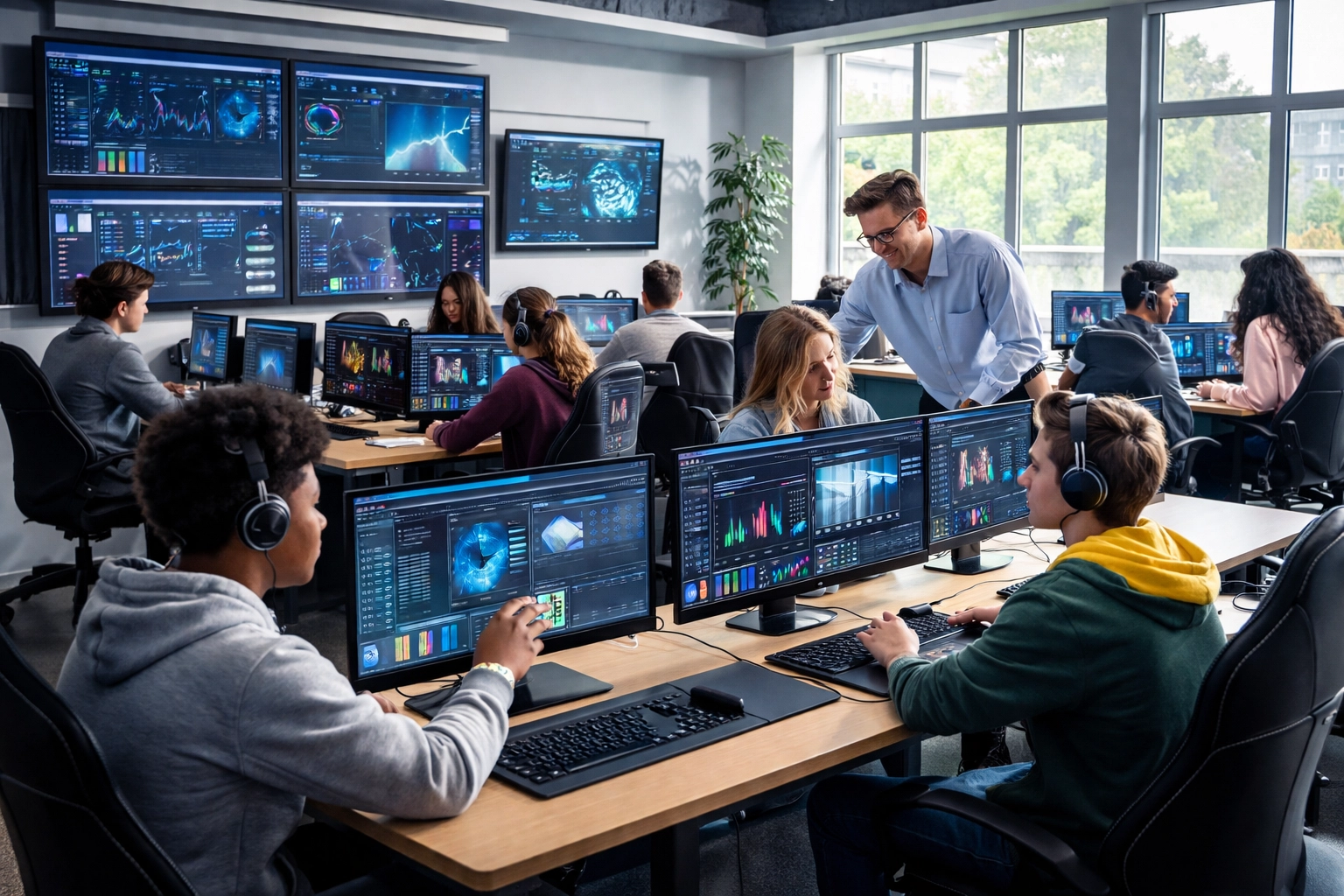 High school students collaborate in an esports and technology classroom, emphasizing STEM and digital workforce skills.