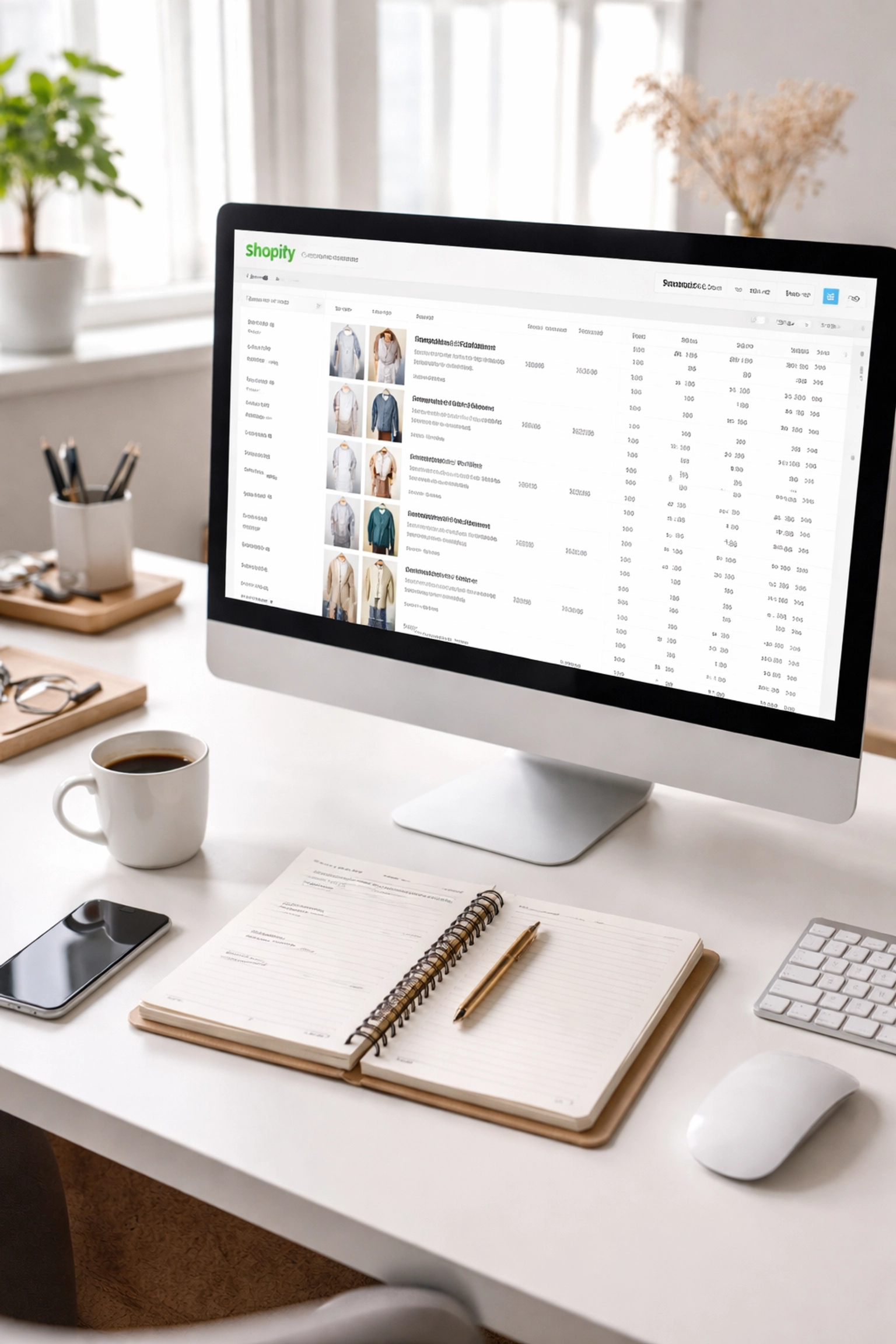 Shopify store owner organizes product catalog with high-quality clothing images and measurements for virtual fitting room integration