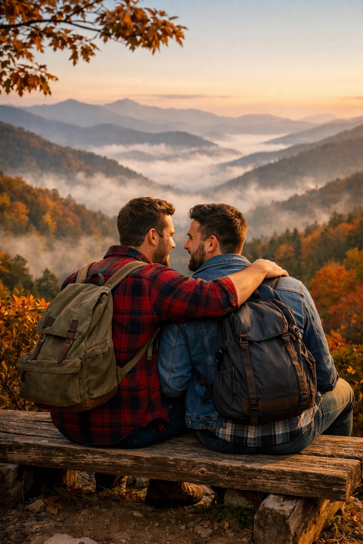 Gay couple sitting on a bench overlooking a misty mountain valley during a budget-friendly hiking trip.
