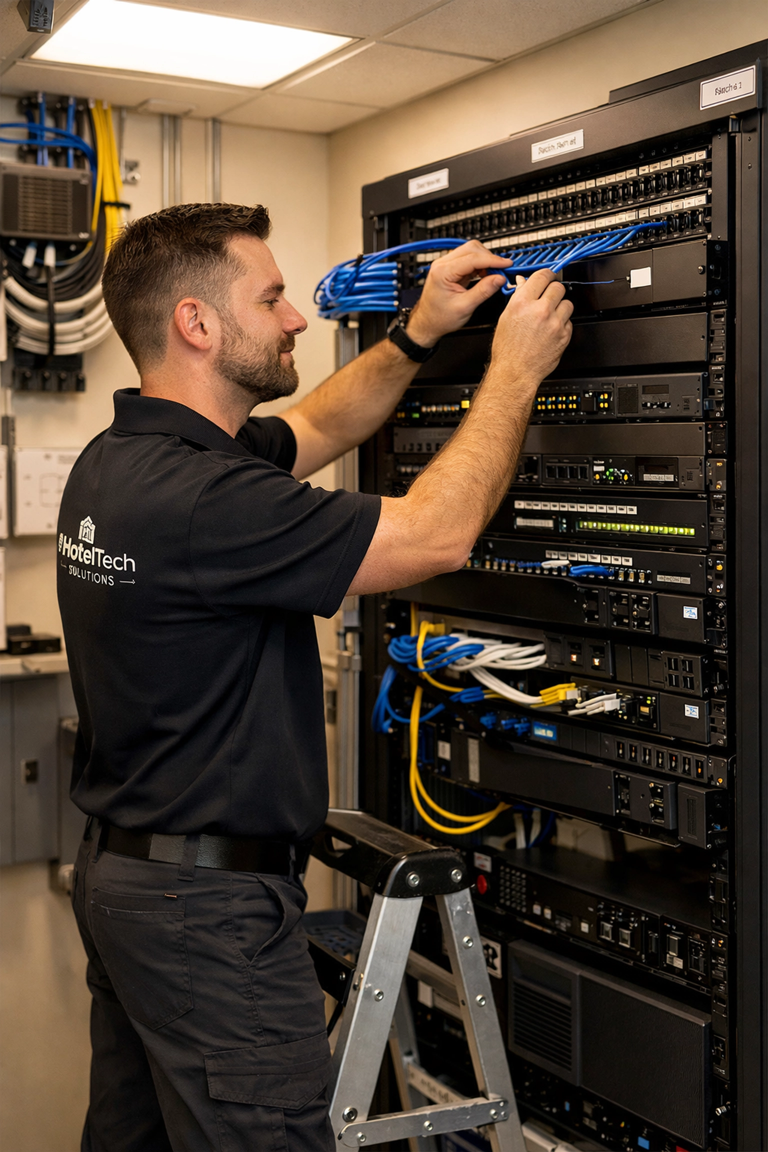 Professional IT technician installing network equipment in hotel communications room