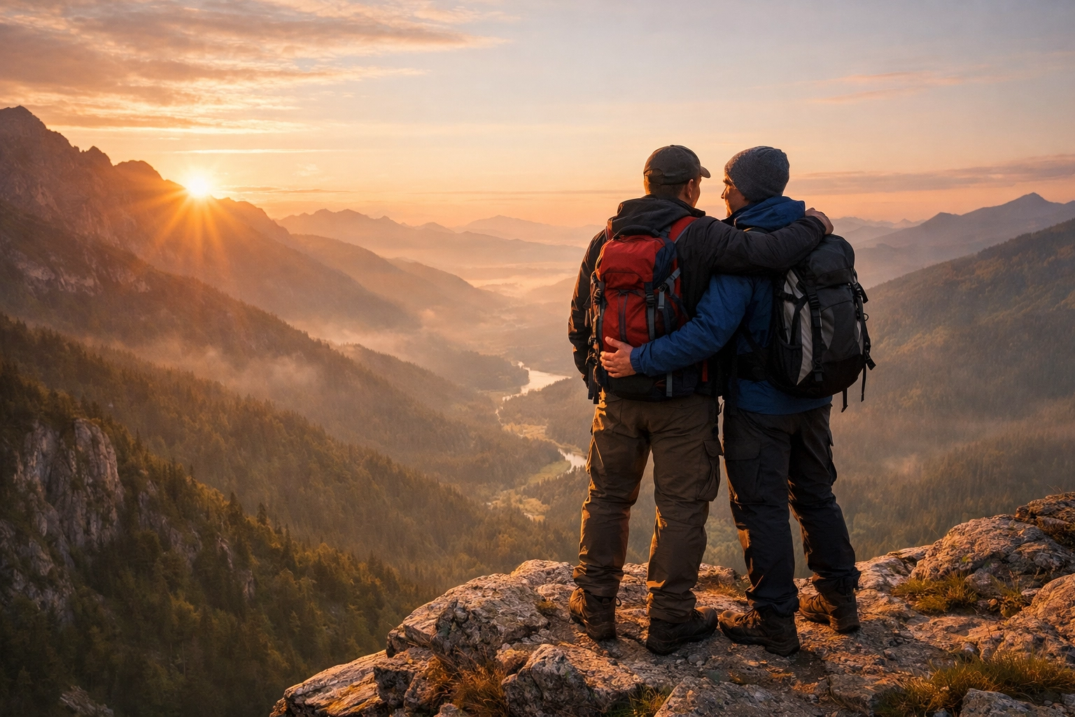 Gay couple hiking at sunset, exploring nature and forced proximity tropes in outdoor hobbies.