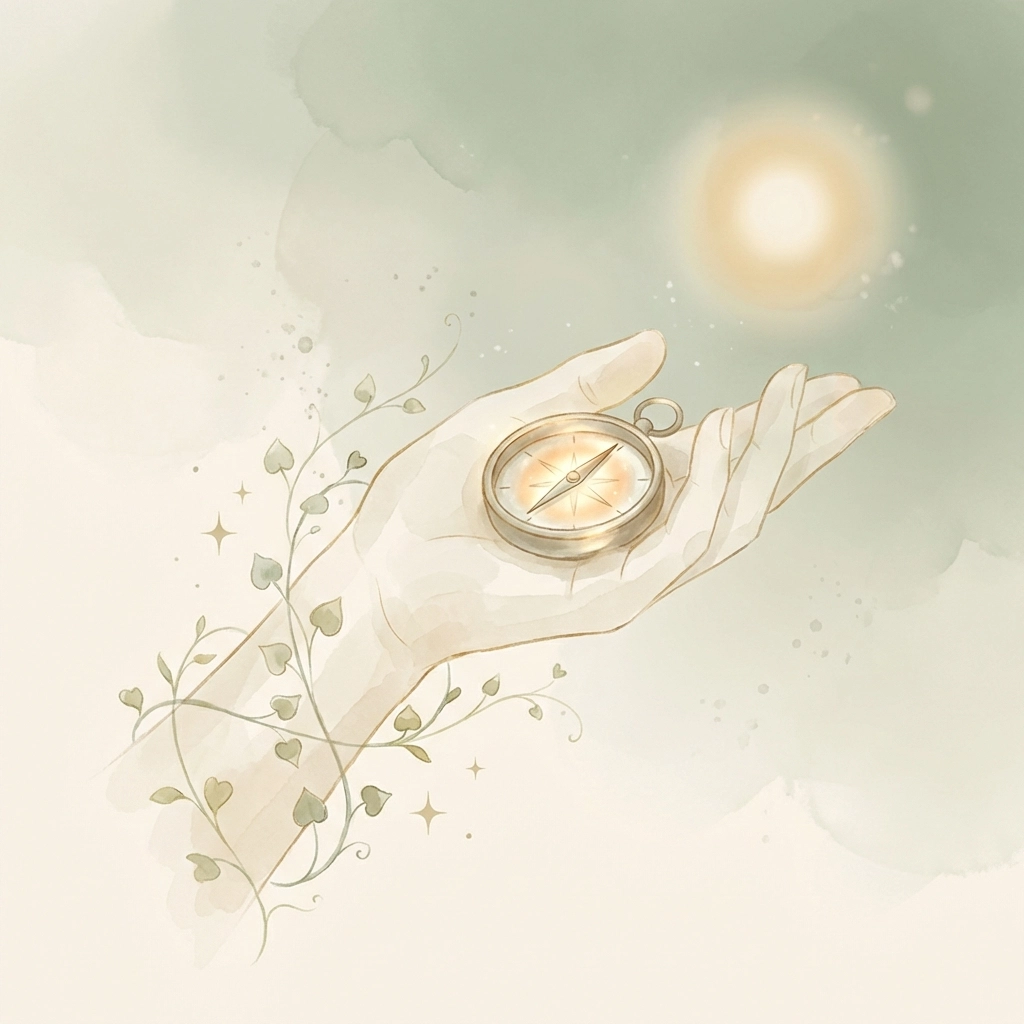 Open hand holding a glowing compass wrapped in botanical vines, signifying guidance in choosing holistic treatments.
