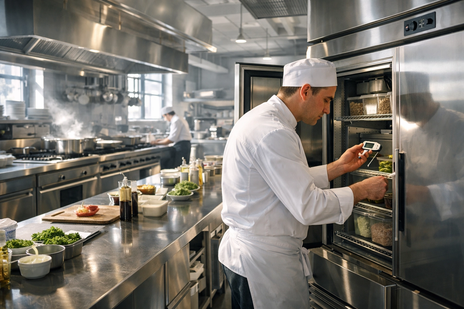 Professional chef in a clean Westchester commercial kitchen checking refrigeration temperatures for health safety.