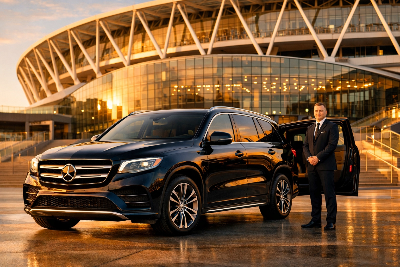 A luxury executive SUV and chauffeur at a modern sports stadium entrance for elite corporate travel.
