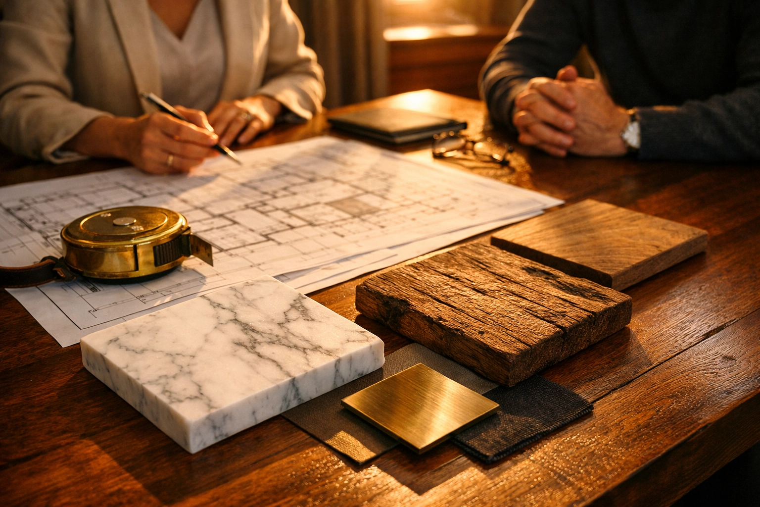 Architectural blueprints and luxury material swatches on a table during a renovation planning consultation.