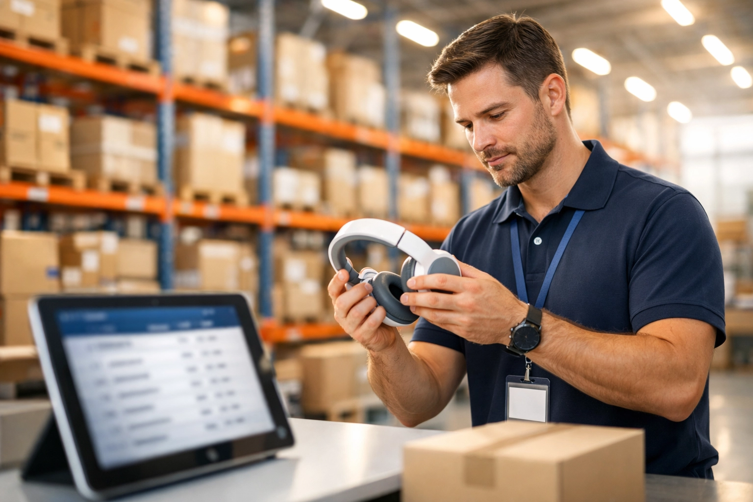 3PL logistics expert inspecting product returns for better inventory control and FBM quality management.