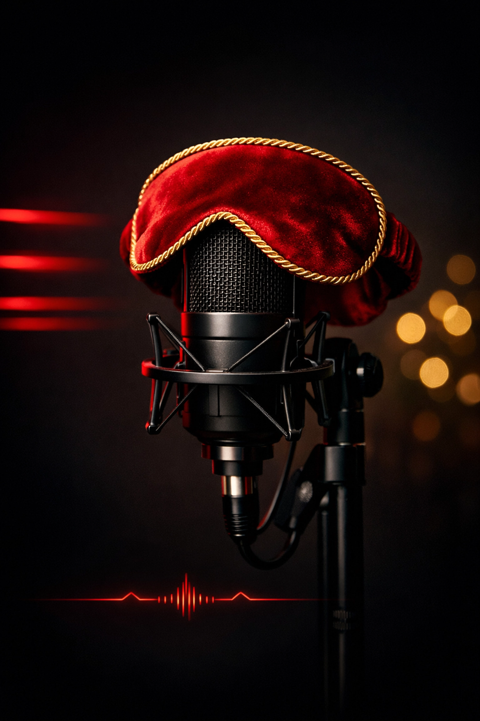 A professional studio microphone wearing a red sleeping mask to signify rest and work-life balance for voiceover artists.