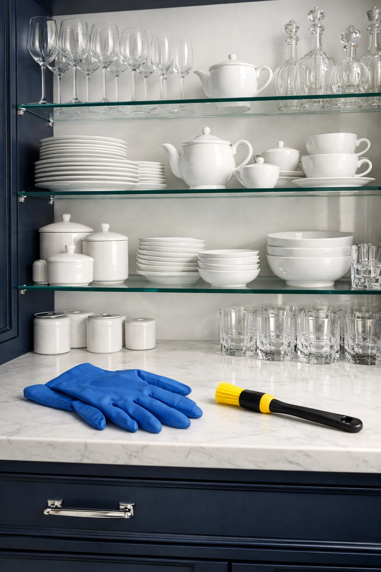 Detailed deep residential cleaning in Massachusetts for an organized butler's pantry and cabinetry.