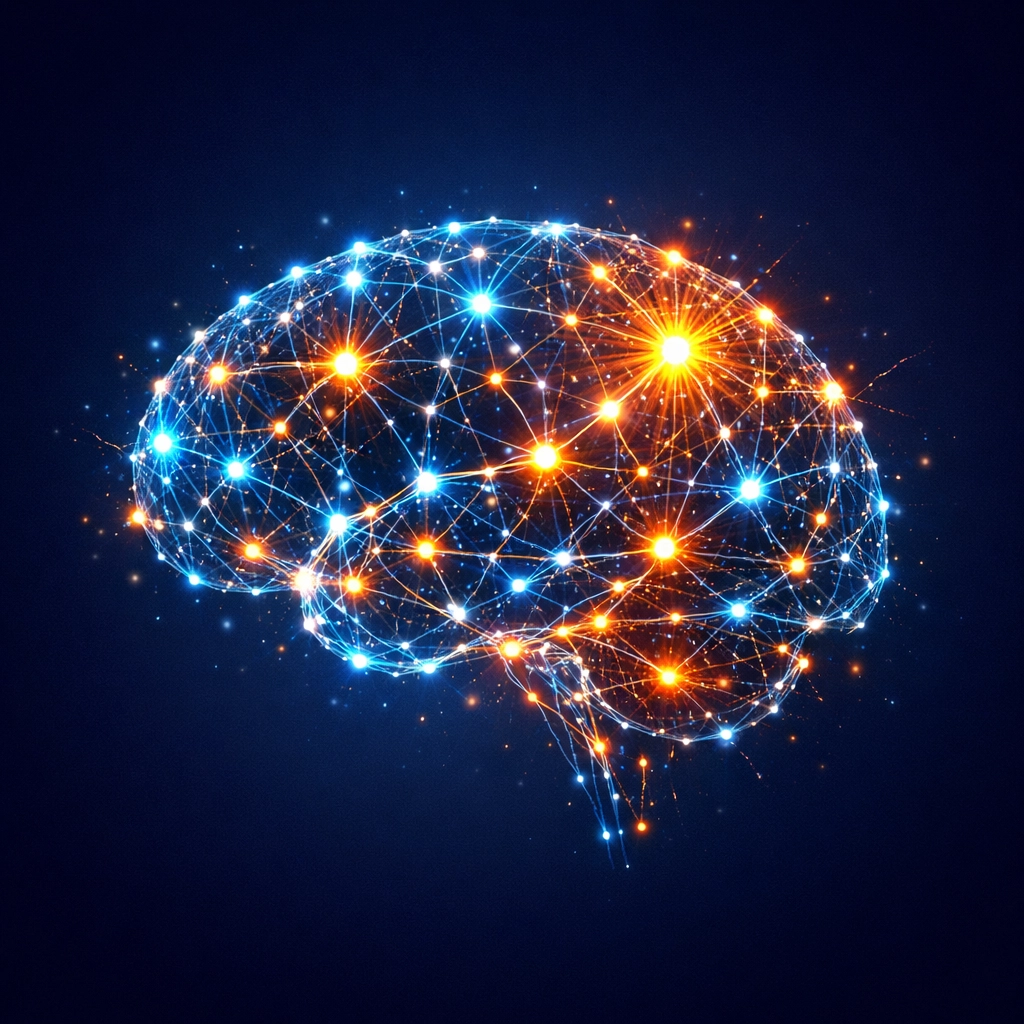 Illuminated brain with glowing connections showing creative breakthrough and idea formation