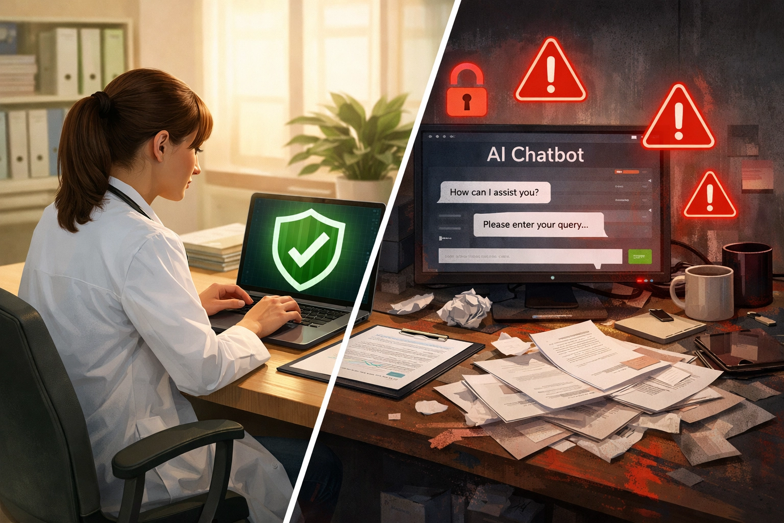Comparison of HIPAA-compliant secure AI workspace versus non-compliant healthcare AI usage