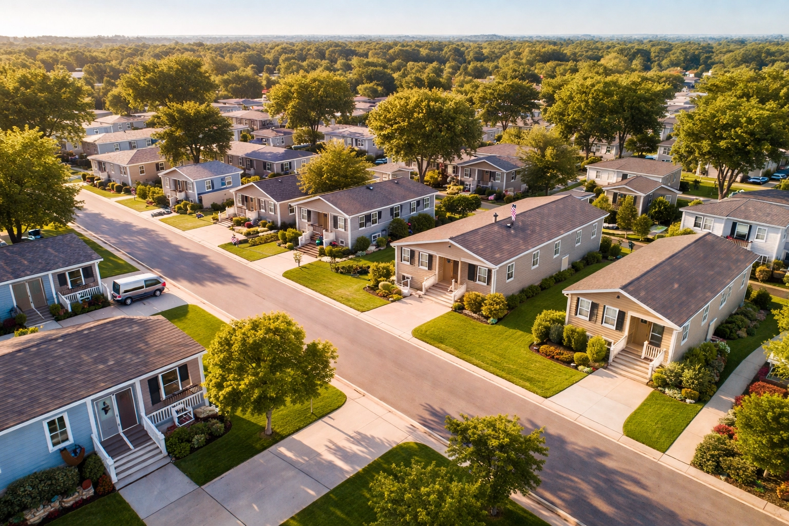 Aerial view of a manufactured home community in Terrell, Texas with well-maintained homes