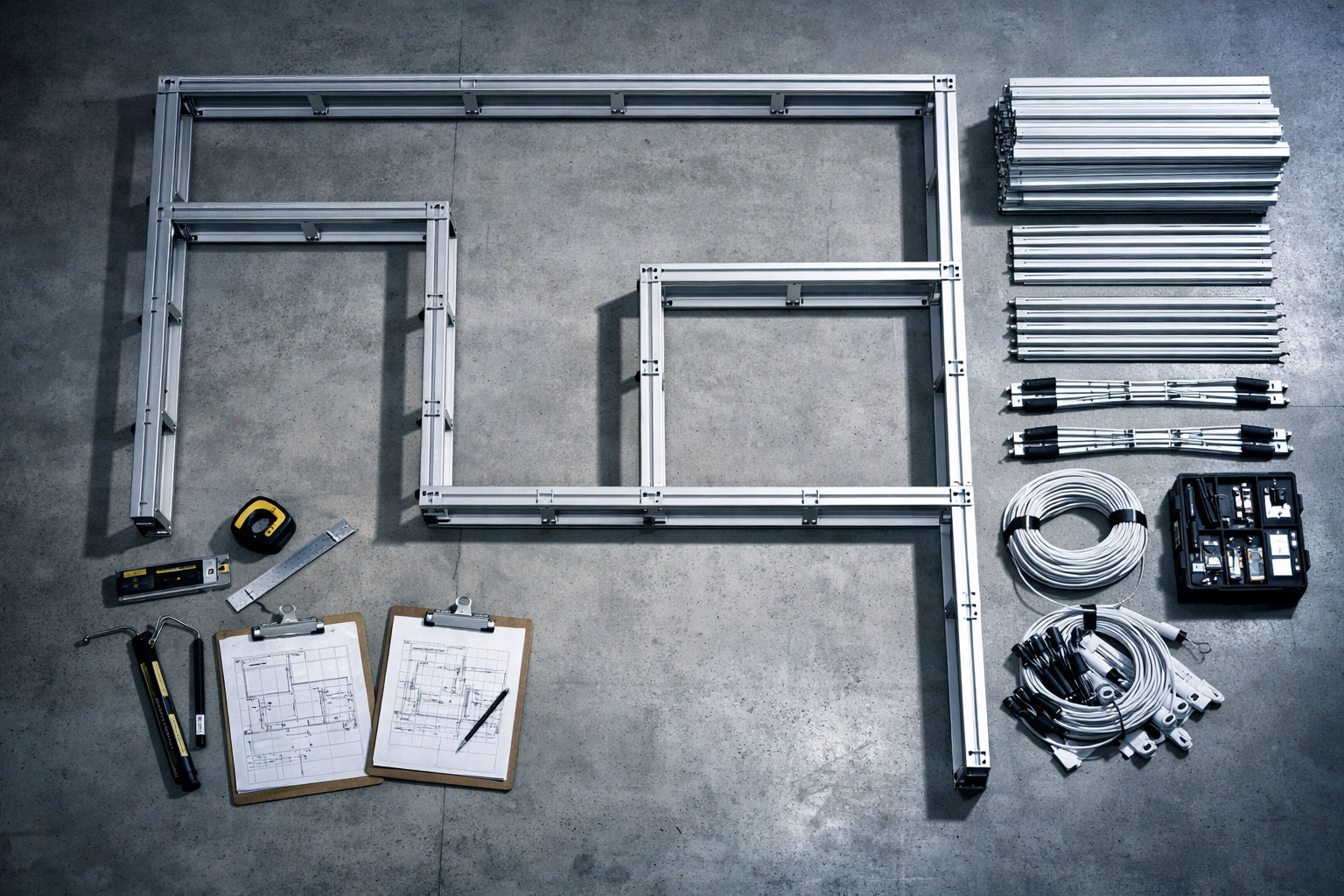 BeMatrix exhibition stand warehouse pre-build with aluminum frames and technical drawings