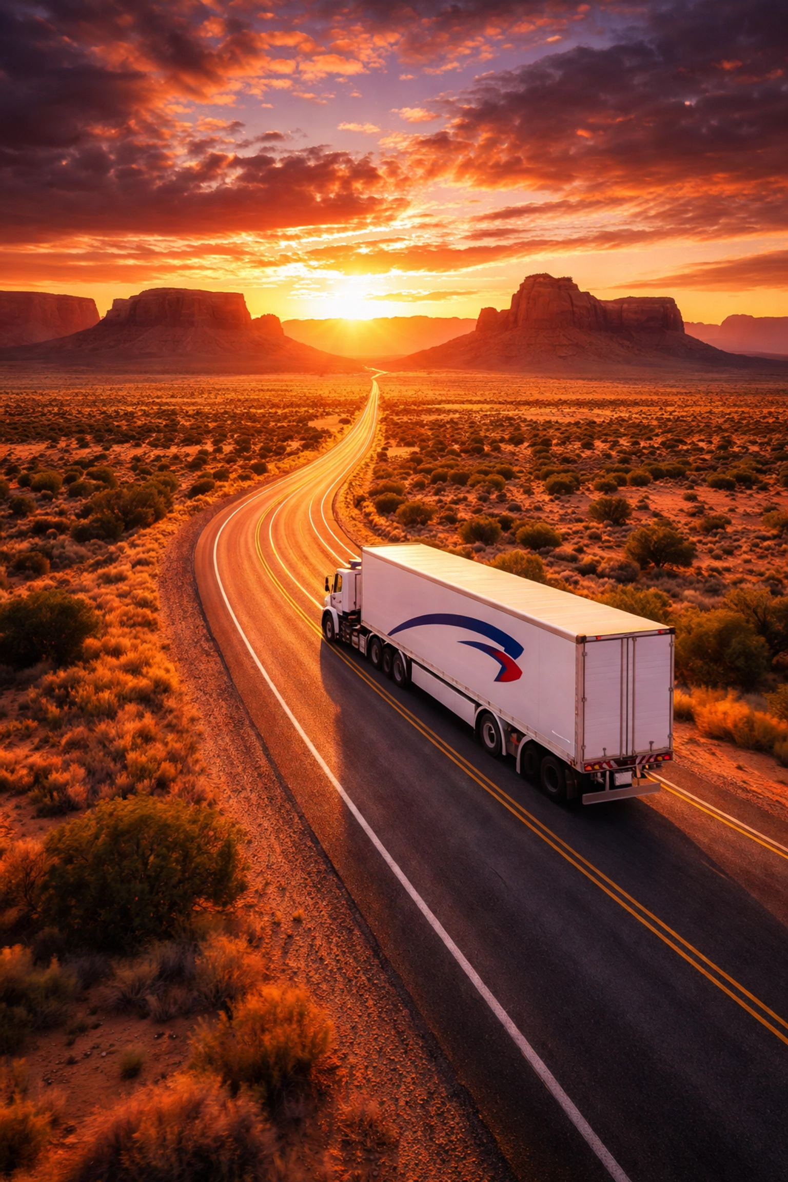 Branded semi-truck drives along an American highway, representing Dakdan's nationwide mobile advertising reach