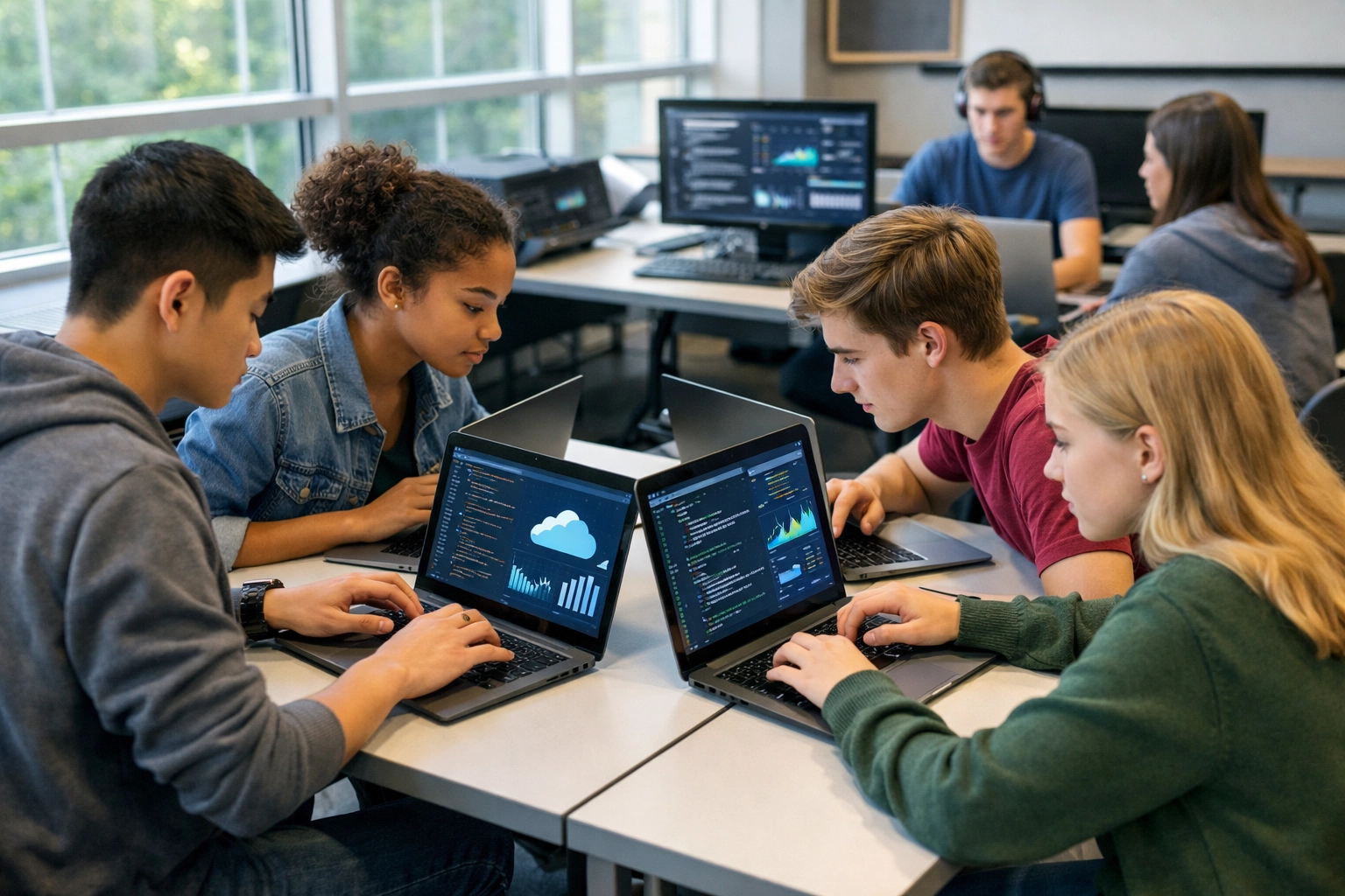 High school students learning cloud computing and AI skills in modern computer lab