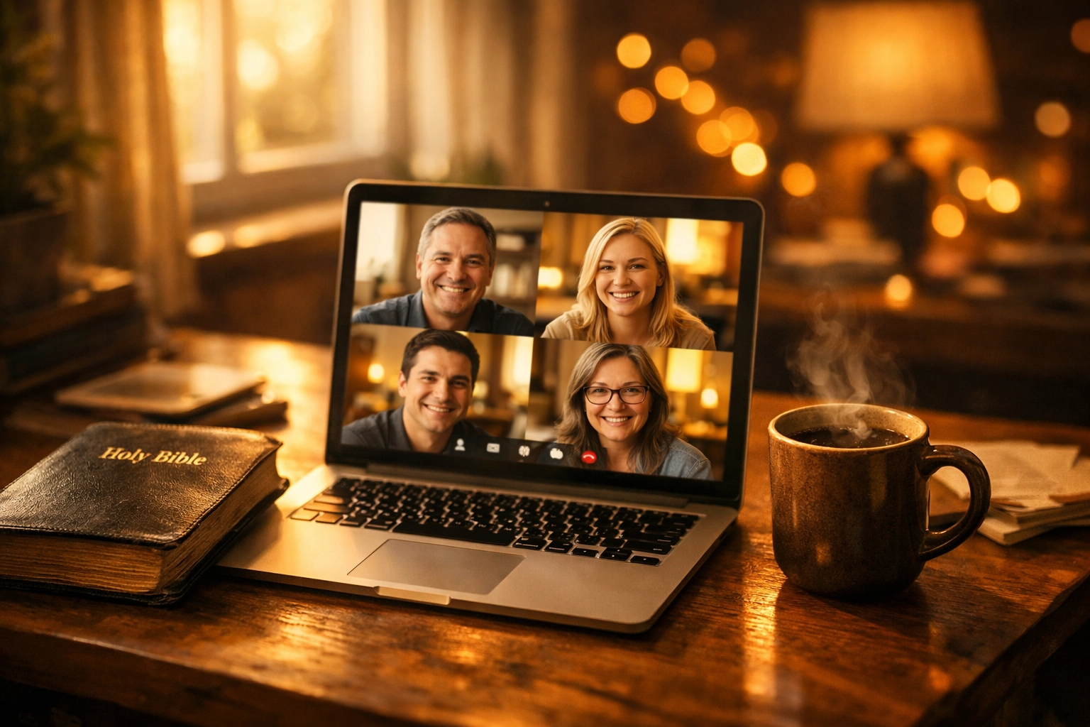 Digital ministry workspace with laptop video call, Bible, and coffee