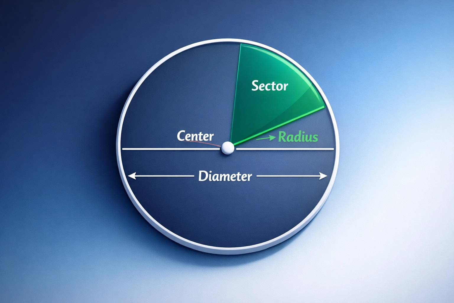 Circle diagram showing labeled radius, diameter, and sector area for SAT geometry concepts