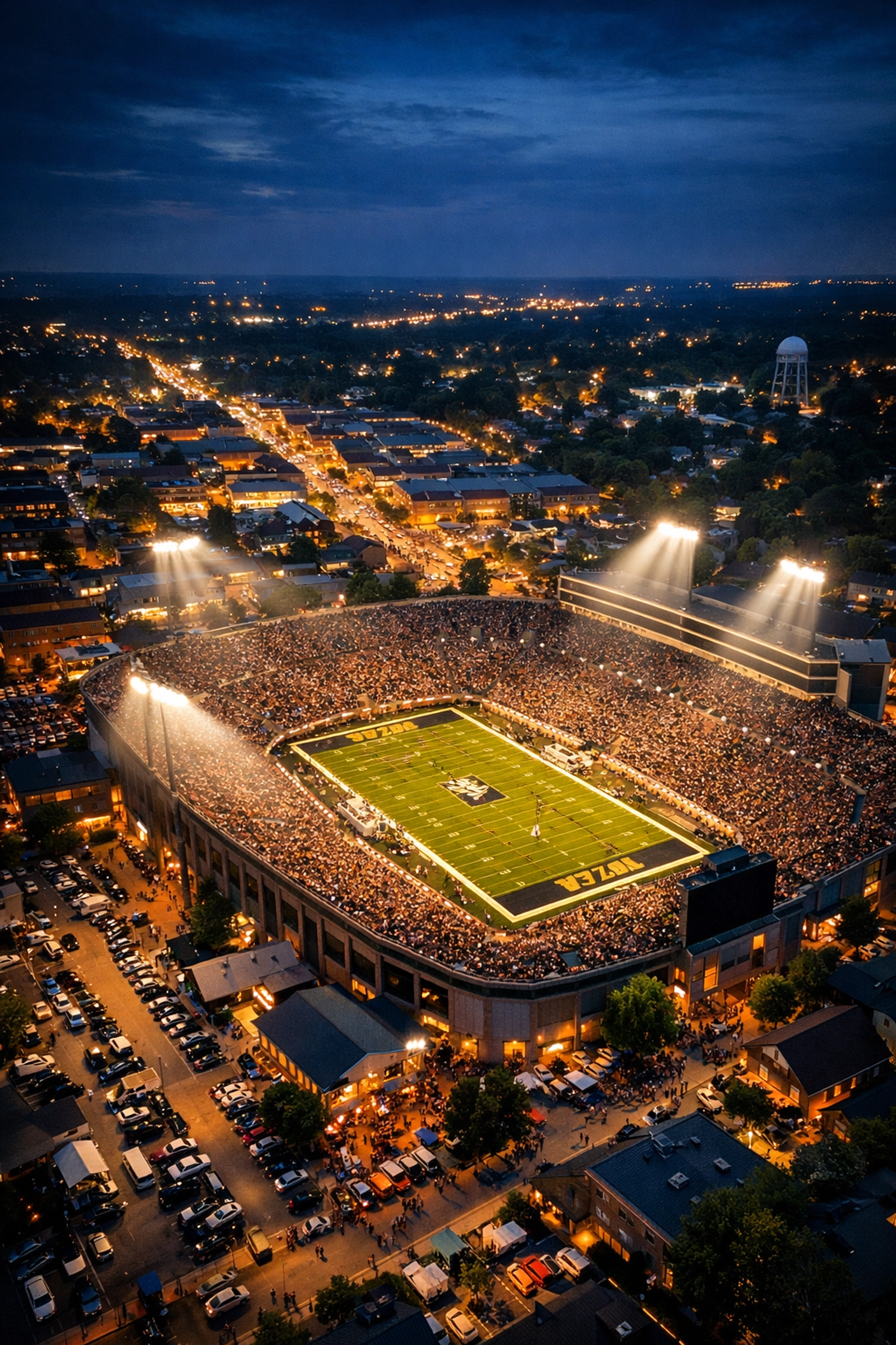 College football stadium at night showing hyper-local market for NIL athlete branding opportunities