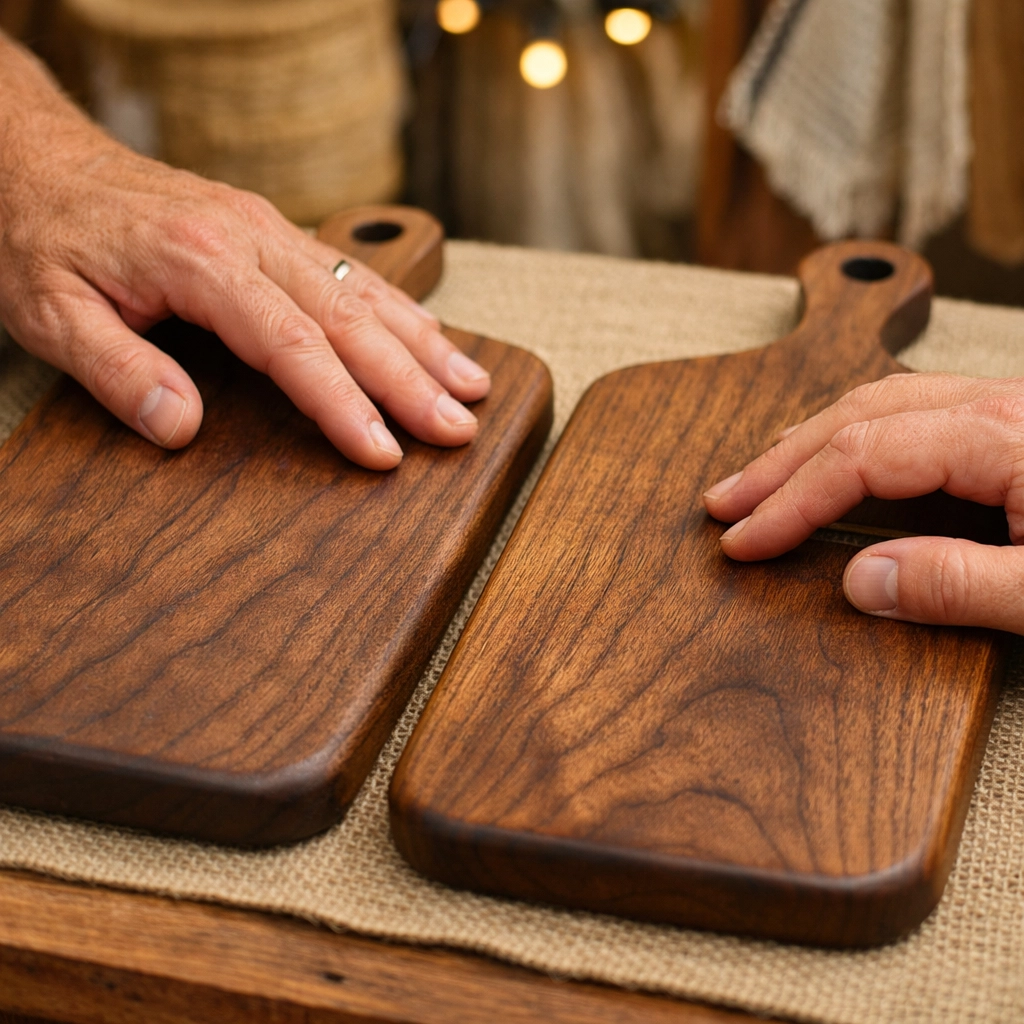 Close-up of artisan examining handmade wooden cutting boards at craft show booth