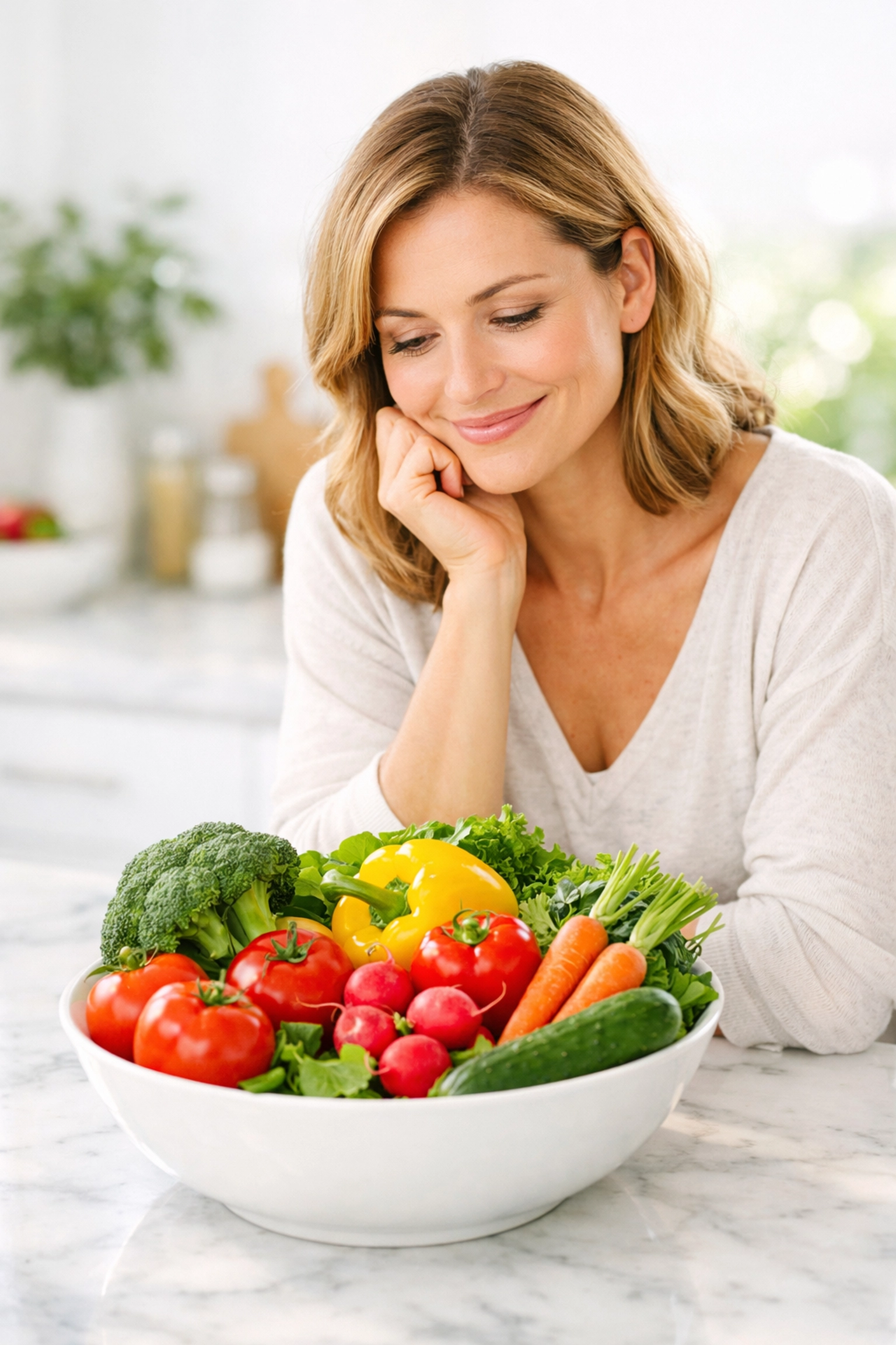 A woman in a bright kitchen focusing on healthy nutrition for Wegovy weight management.