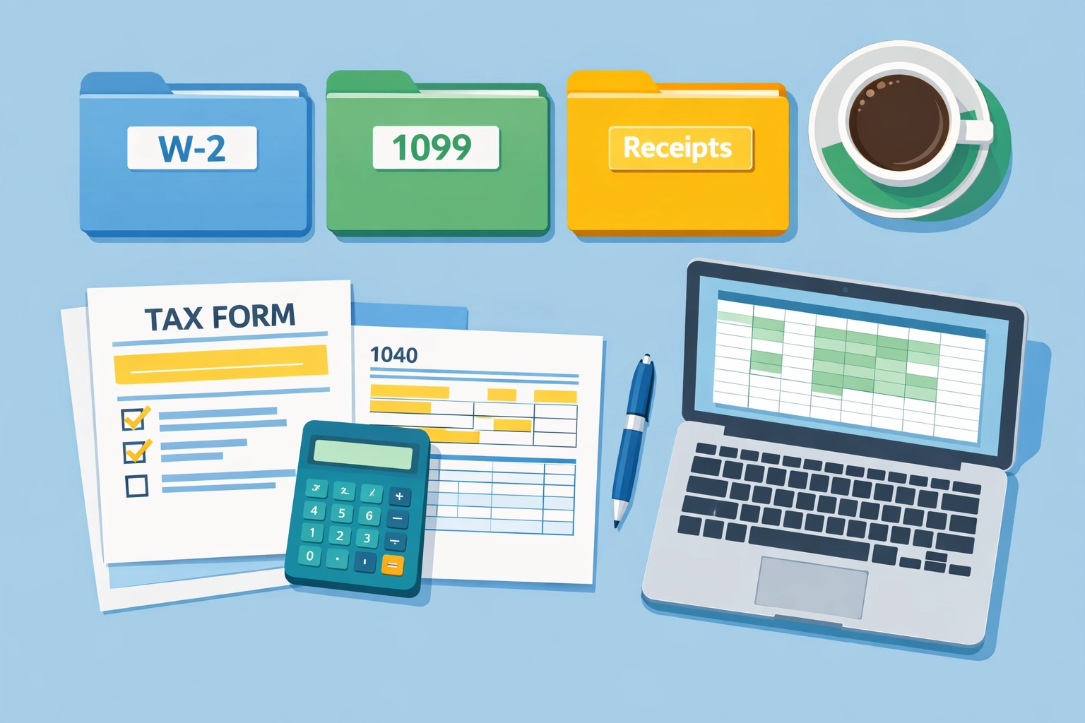 Organized tax documents including W-2 and 1099 forms on desk for tax preparation