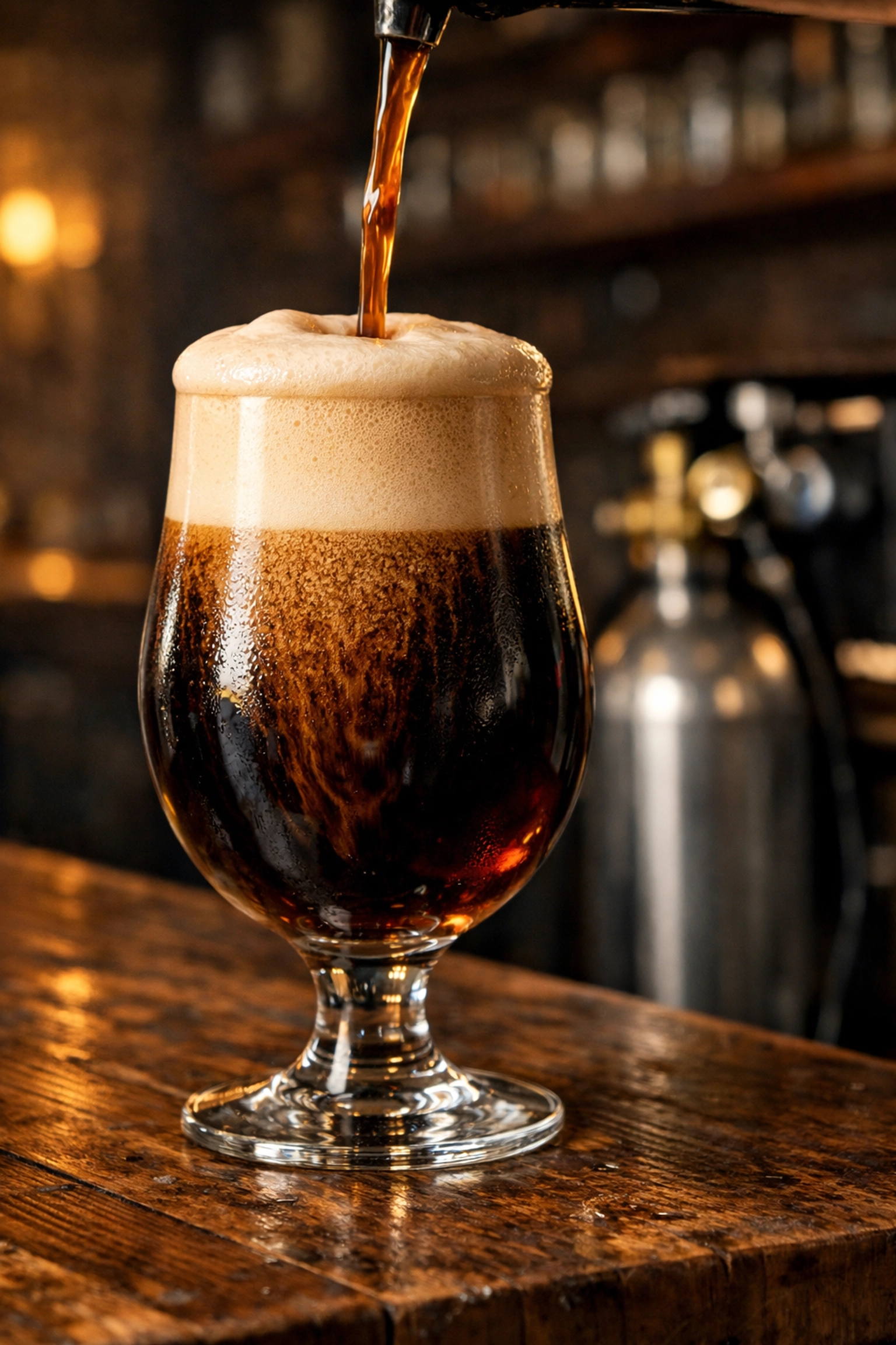 Close-up of a dark stout with a creamy nitrogen head served using a 30/70 cellar gas mix.