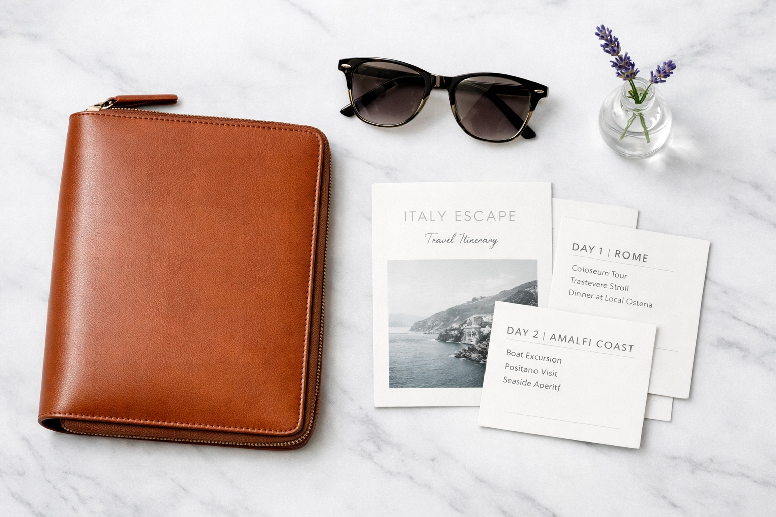 Luxury leather travel portfolio and curated itinerary for a personalized heritage travel journey.