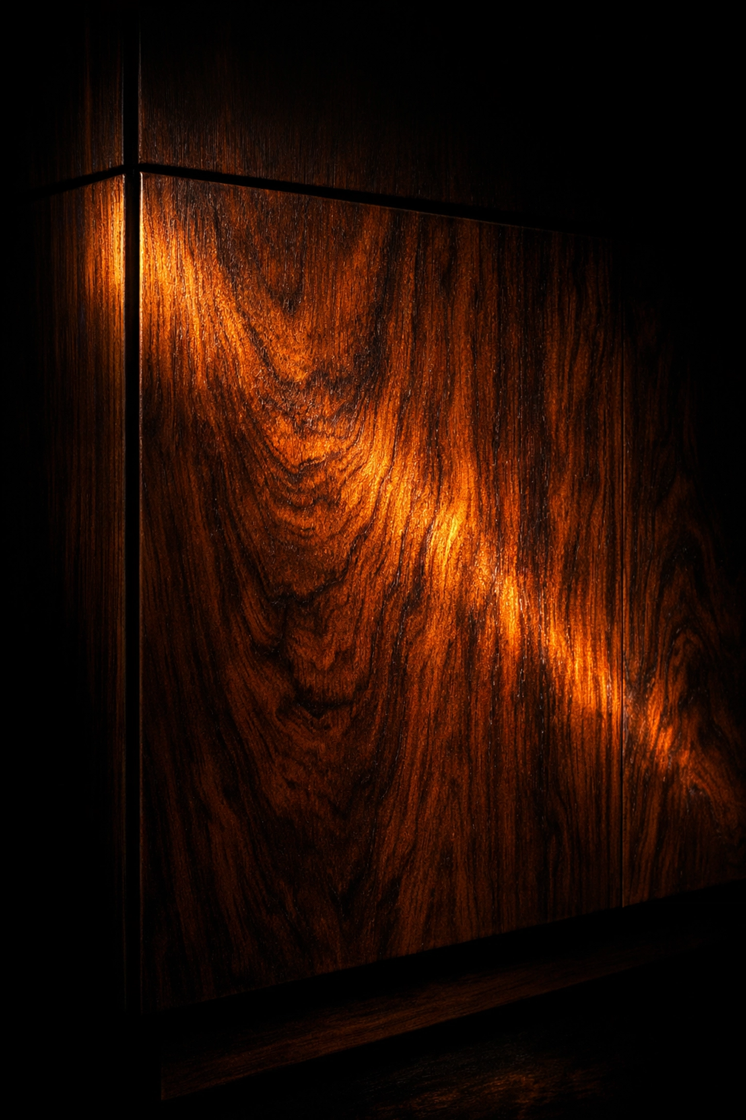 High-CRI custom LED lighting highlighting the natural wood grain of premium cabinetry.