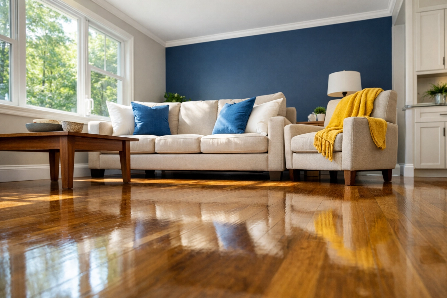 Spotless living room in Boxborough showcasing deep cleaning results on floors, baseboards, and furniture.