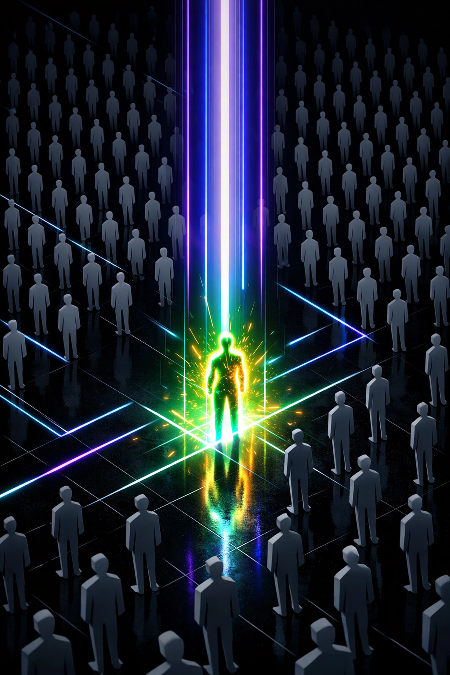 High-tech scanner beam selecting top talent from a diverse pool to reduce bias in hiring.