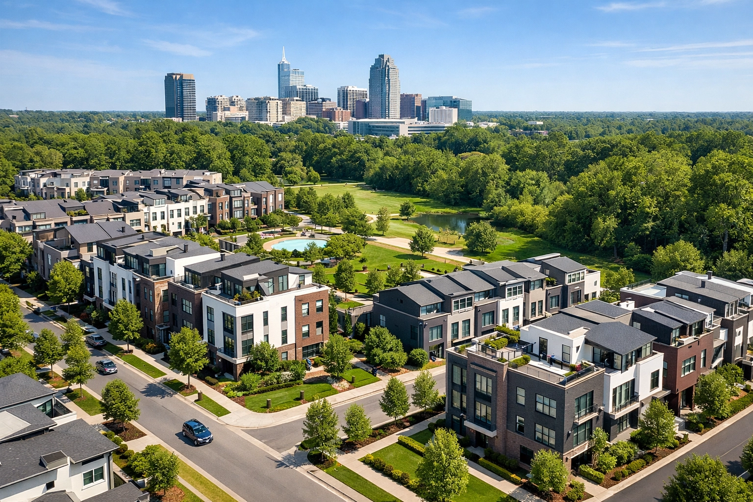 [HERO] High-end modern Raleigh townhomes exterior in a professional neighborhood — Housing Cheat Code for Raleigh rooms for rent (Neighborhood/Curb Appeal)