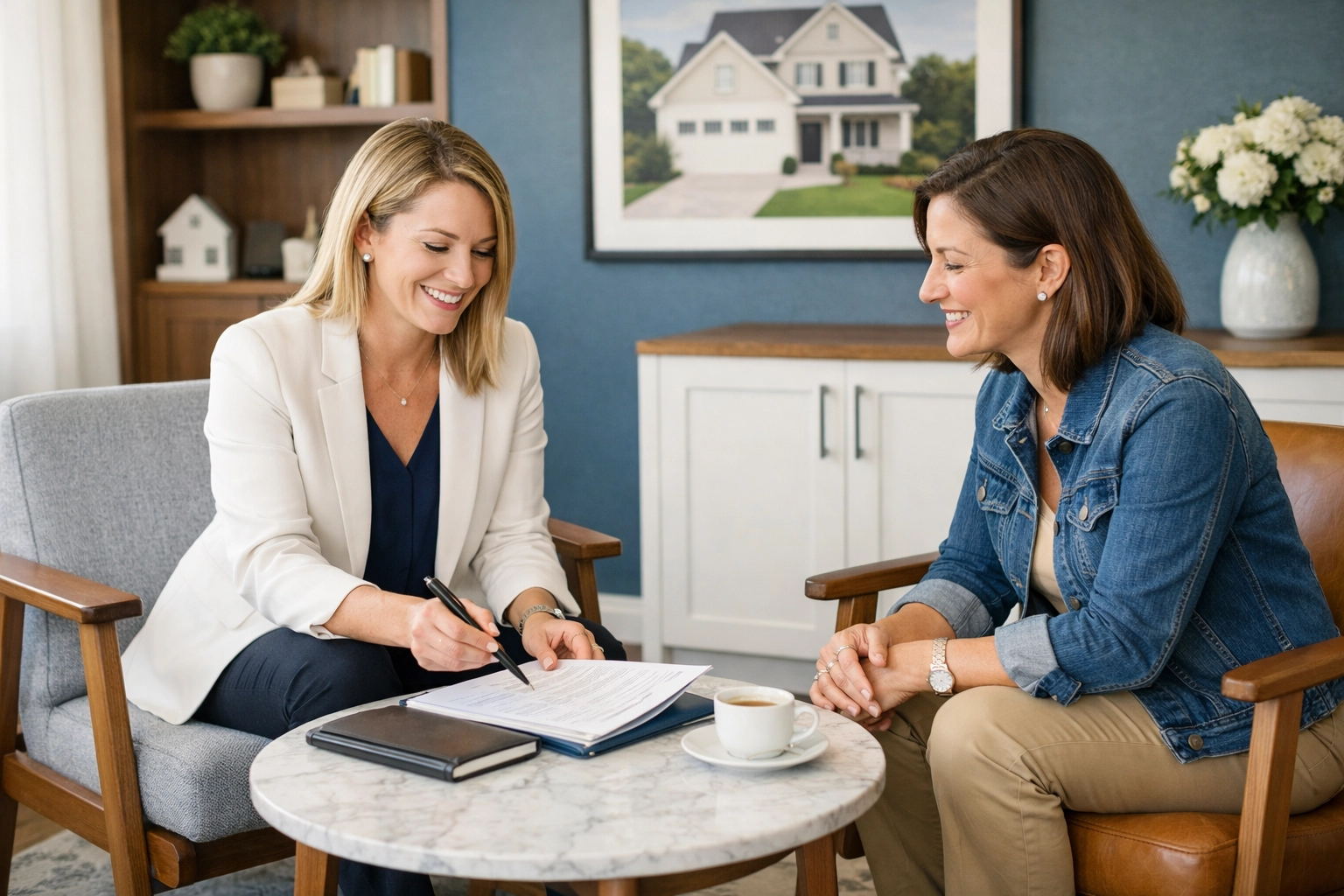 Real estate professional meeting with a client to discuss buyer representation and market options.