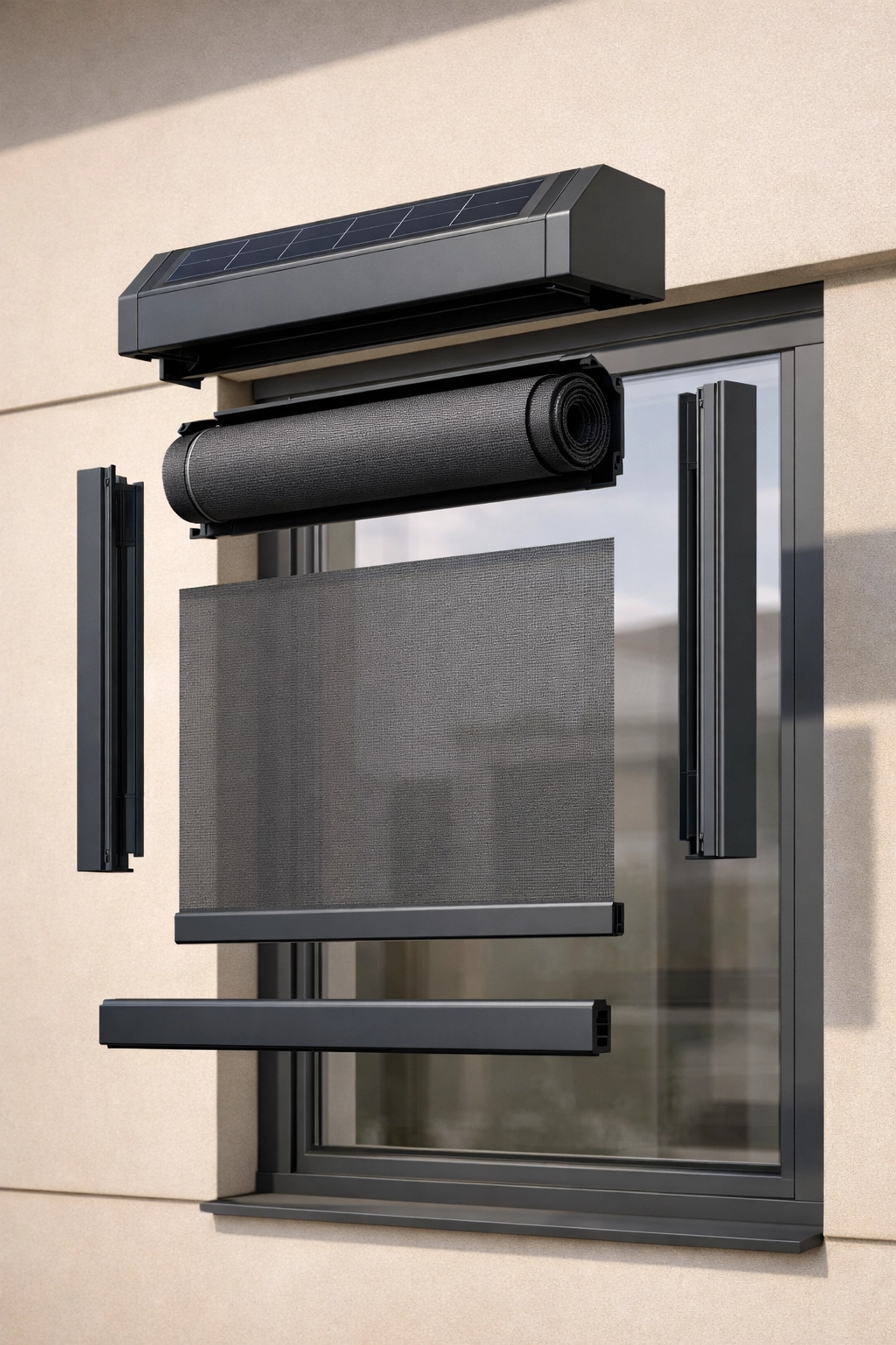 Schnittmodell eines Zip Screens mit integriertem Solarpanel und stabiler Führungsschiene.
