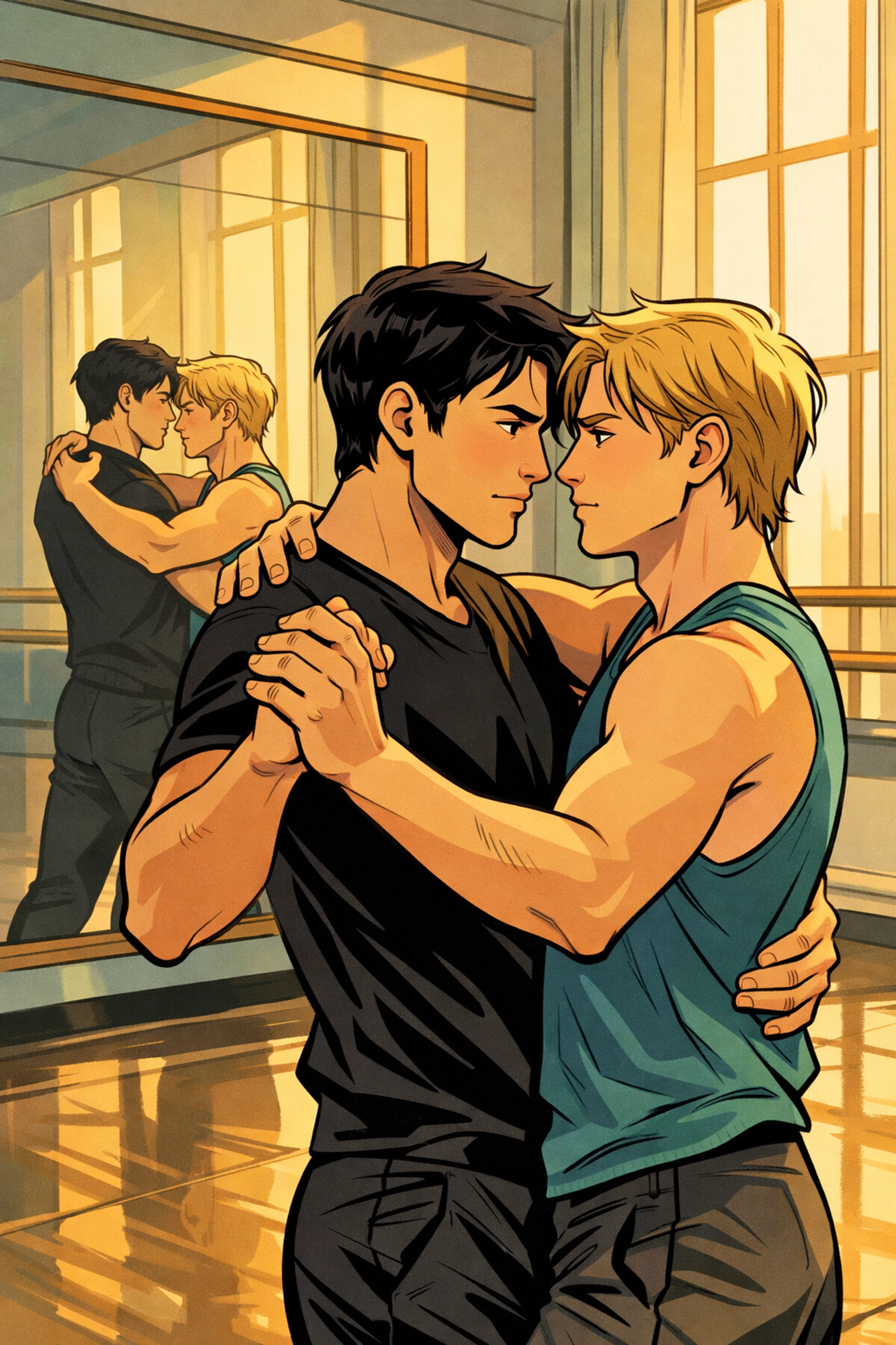 Two male ballroom dance partners in intimate hold during practice session