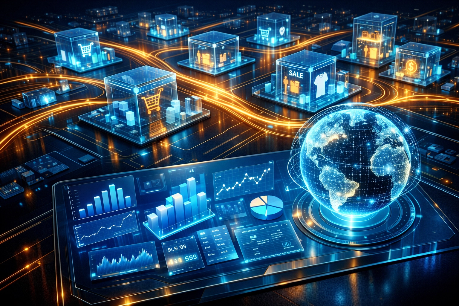 Interconnected virtual storefronts in a digital marketplace showing efficient Metaverse commerce and crypto transactions.