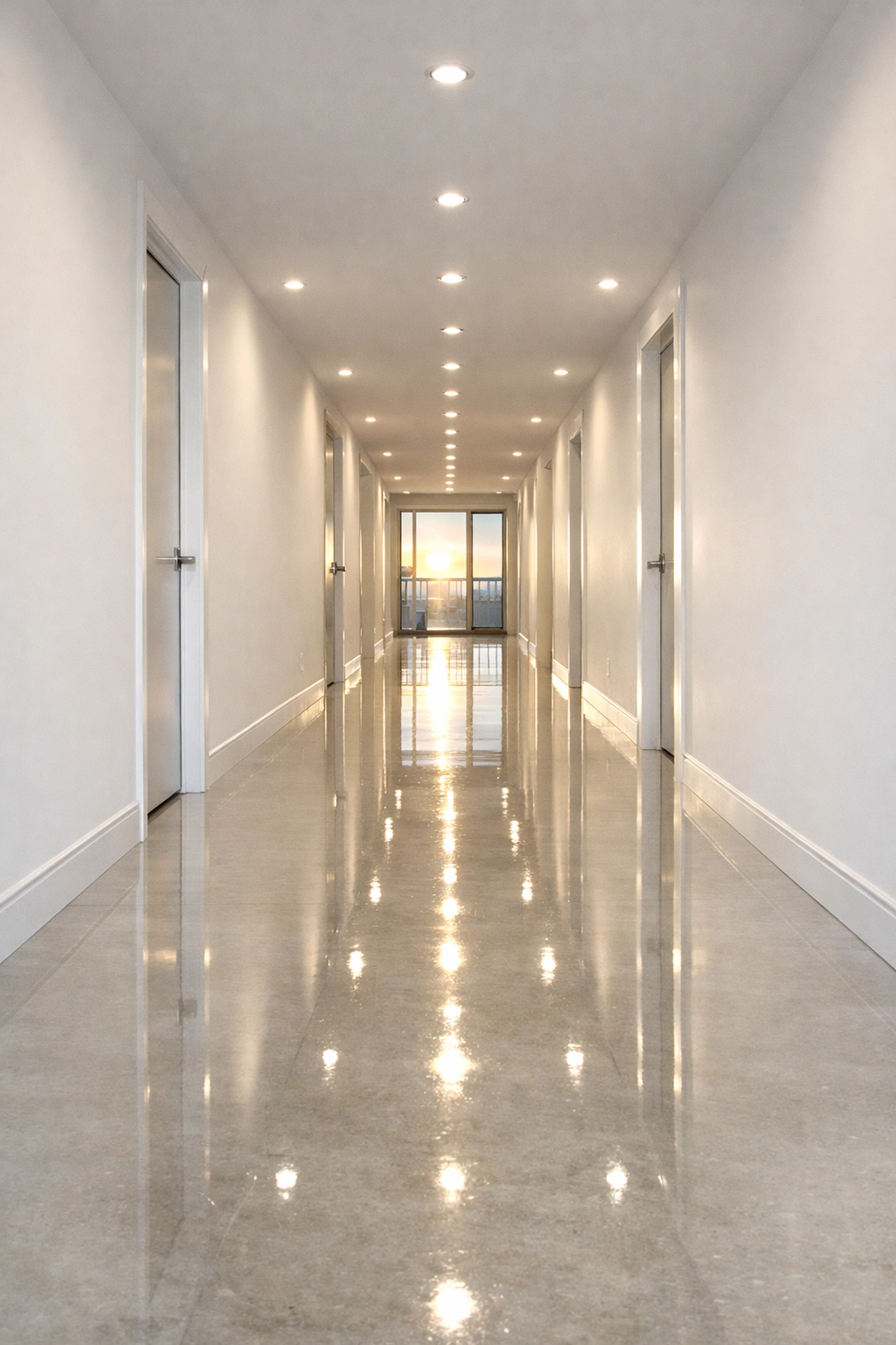 Empty, perfectly clean luxury apartment hallway in Worcester after a professional move-out cleaning service.