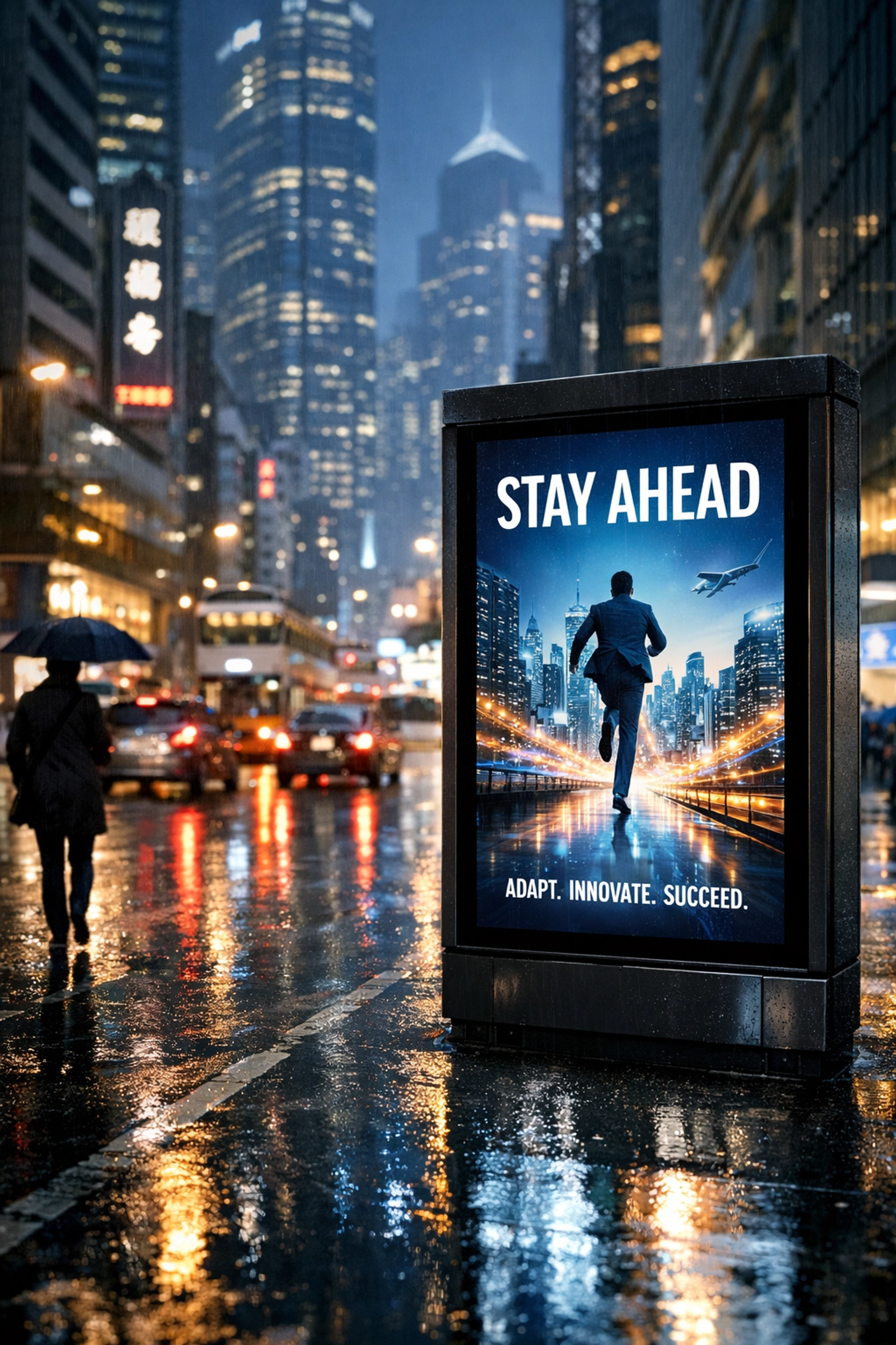 Weather-resistant digital display showing real-time advertisements on a rainy urban street in a global city.