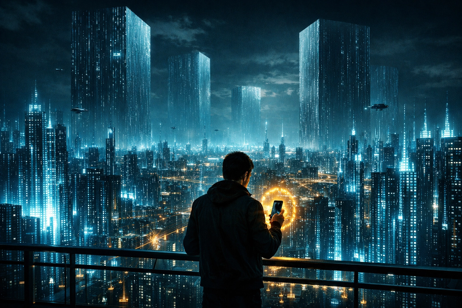 A person using a shielded mobile device to protect personal data from corporate harvesting.