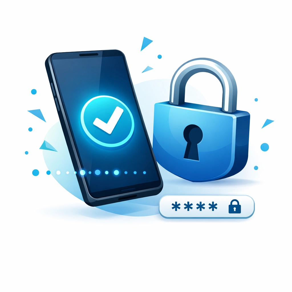 Mobile phone showing a secure login with multi-factor authentication and a protective padlock icon.