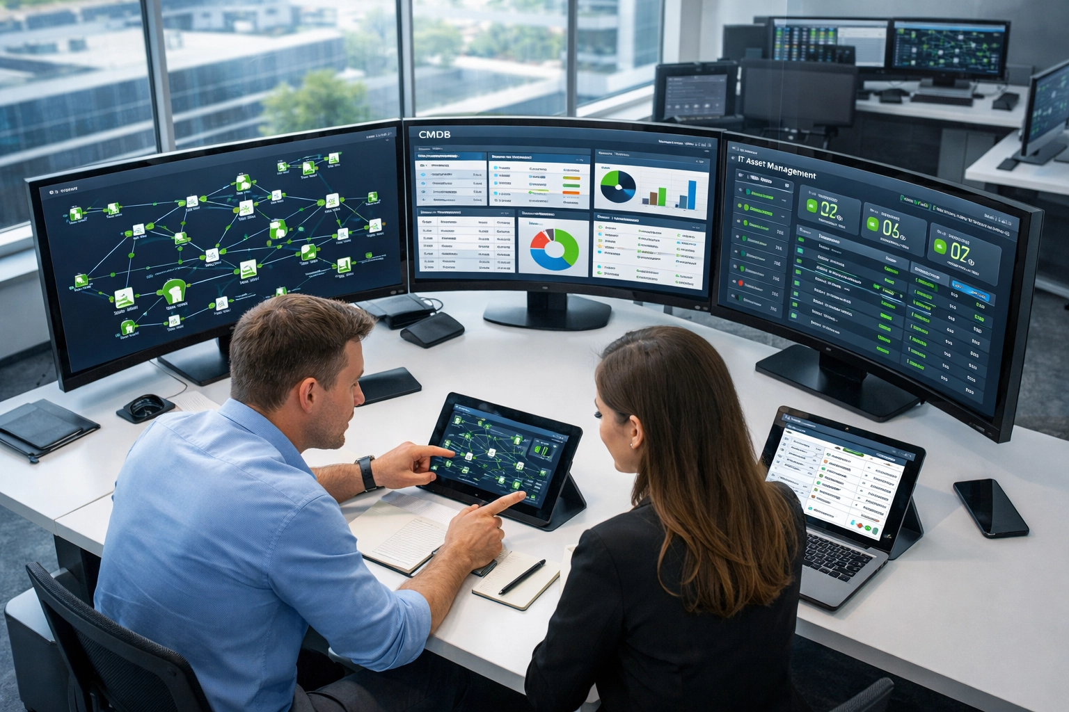 IT professionals monitoring ServiceNow ITOM dashboards showing ITAM and CMDB integration