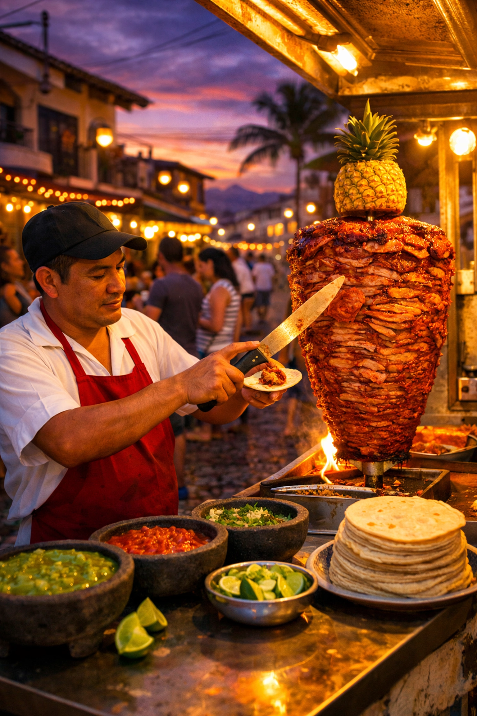 Traditional street taco stand in Zona Romántica Puerto Vallarta with a taquero preparing al pastor.