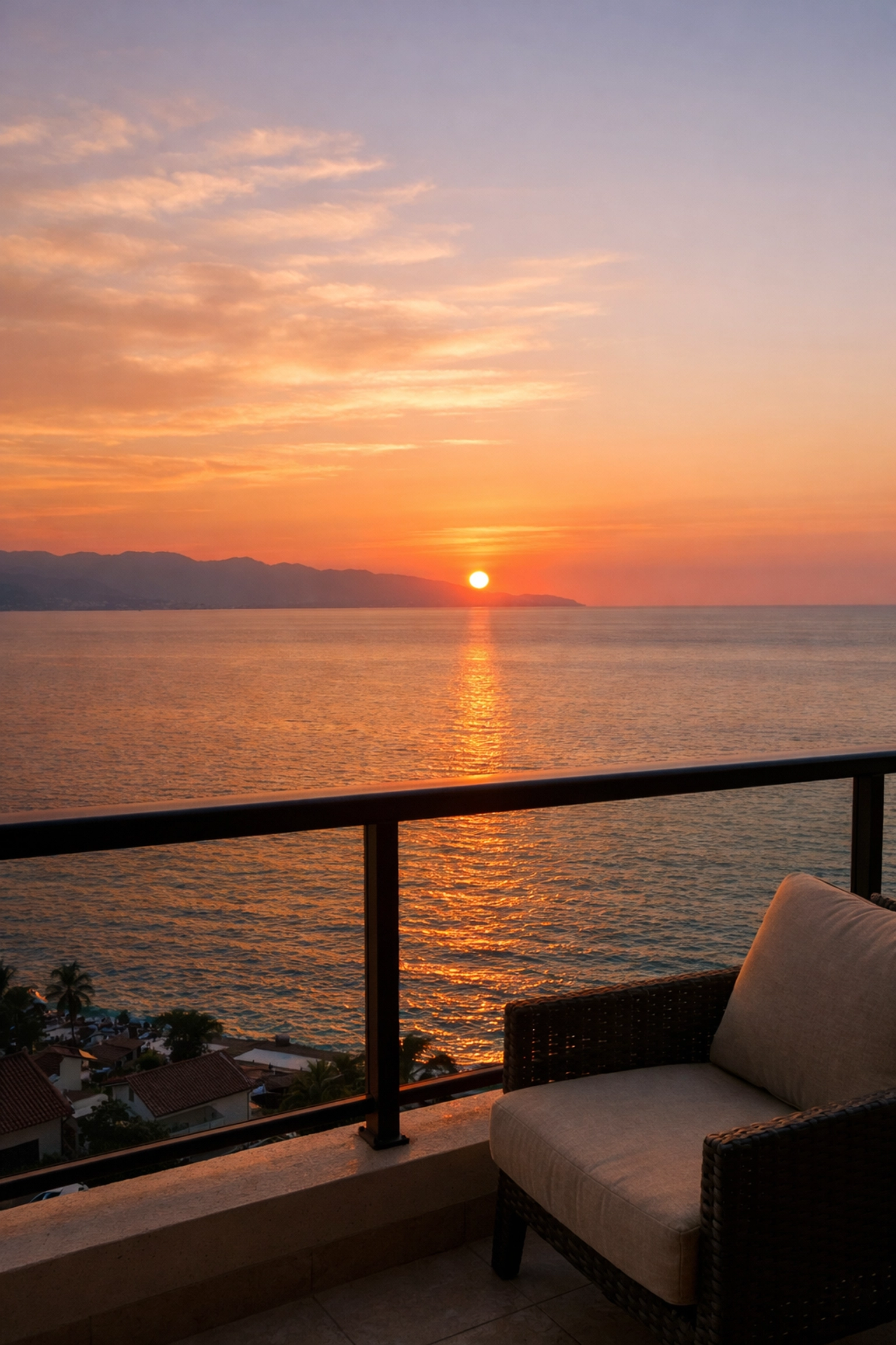 Sunset ocean view from Puerto Vallarta condo balcony overlooking Banderas Bay