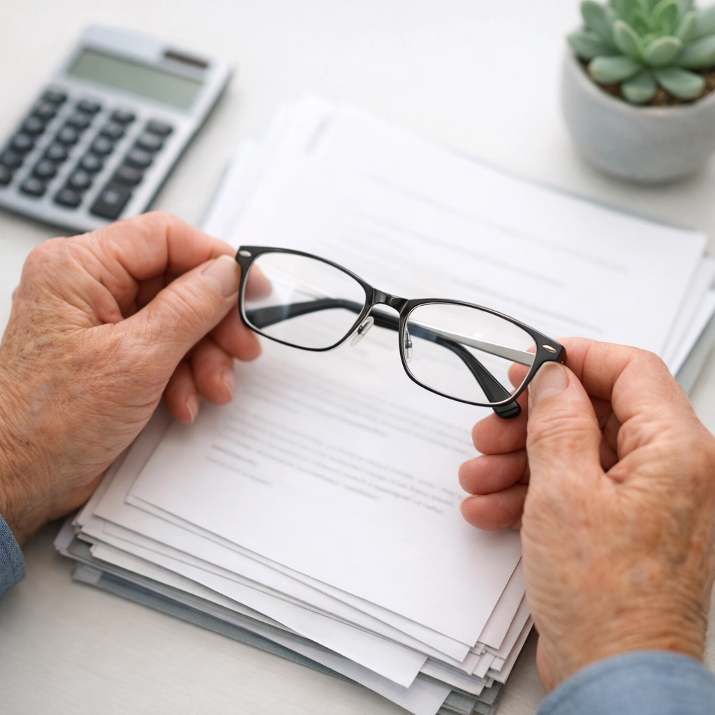 Senior organizing property tax forms and receipts to meet the PA rebate deadline.