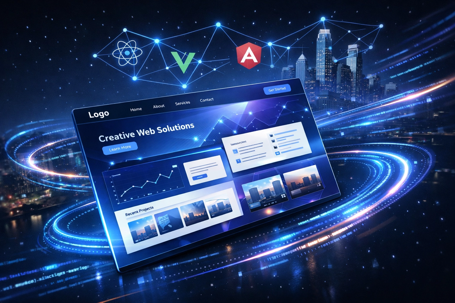 Modern website frameworks and architecture visualized with connected code elements for 2026