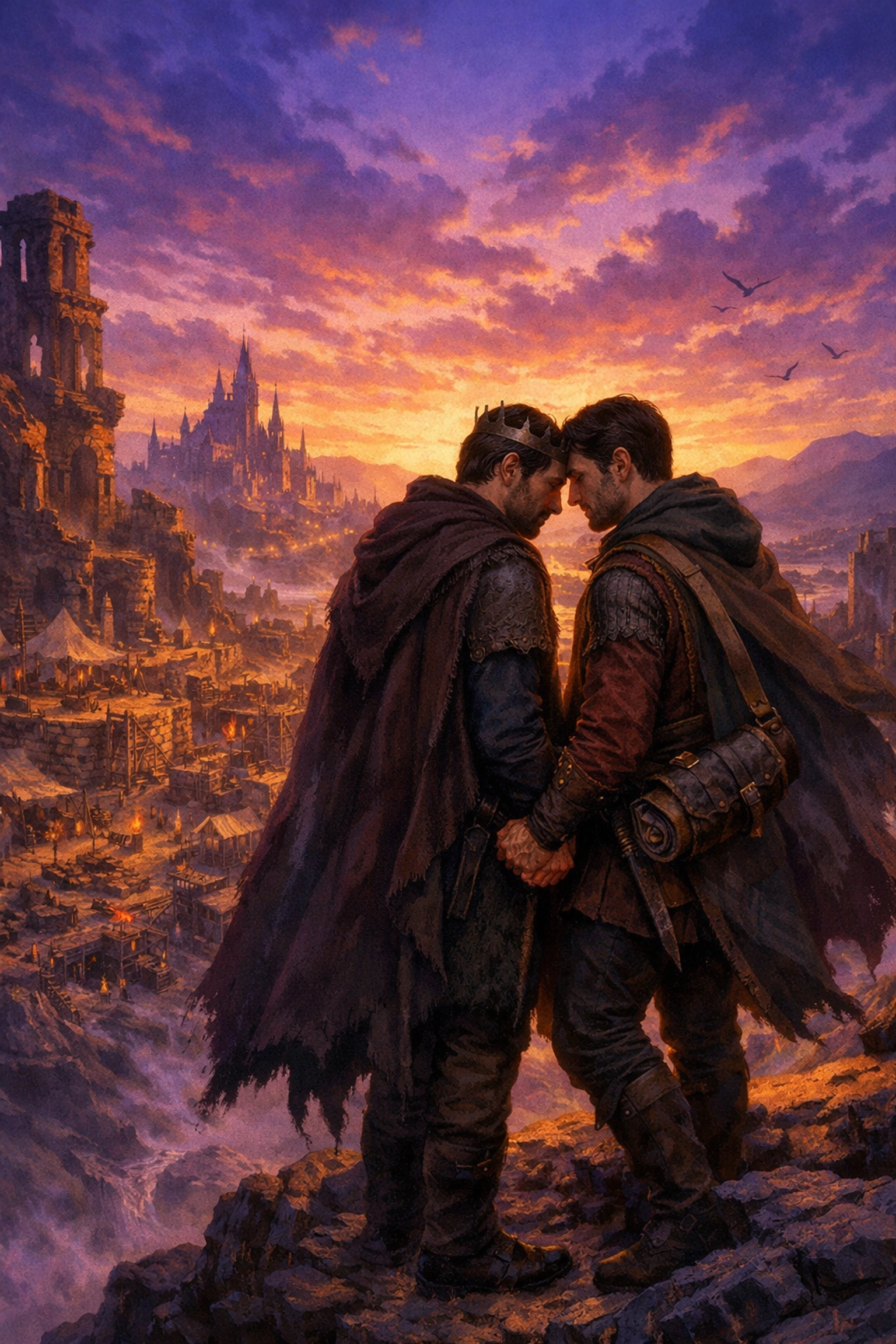 Gay kings standing together at sunset overlooking the ruins of their fallen kingdom.