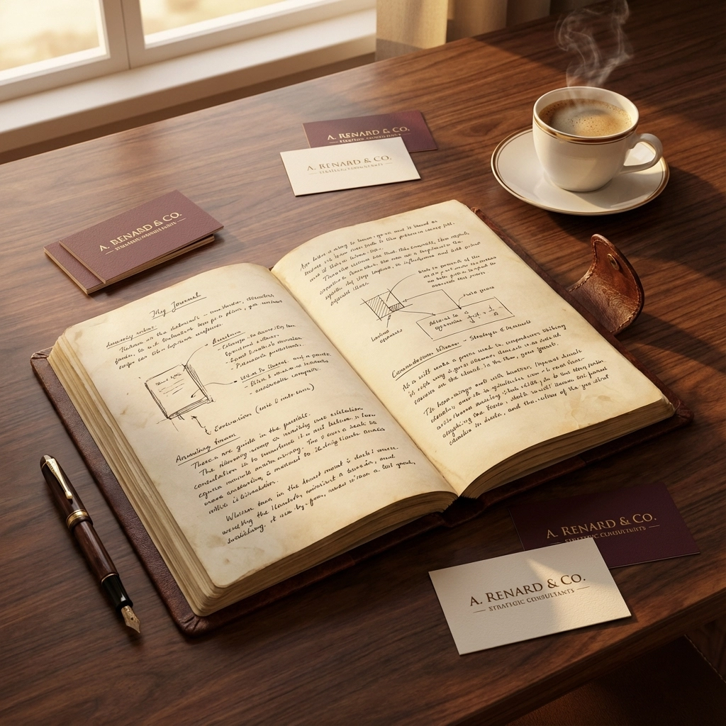 Open leather-bound notebook with handwritten business notes and diagrams on a wooden desk, surrounded by elegant business cards and a cup of coffee, representing strategic planning and thought leadership through a lead generation book.