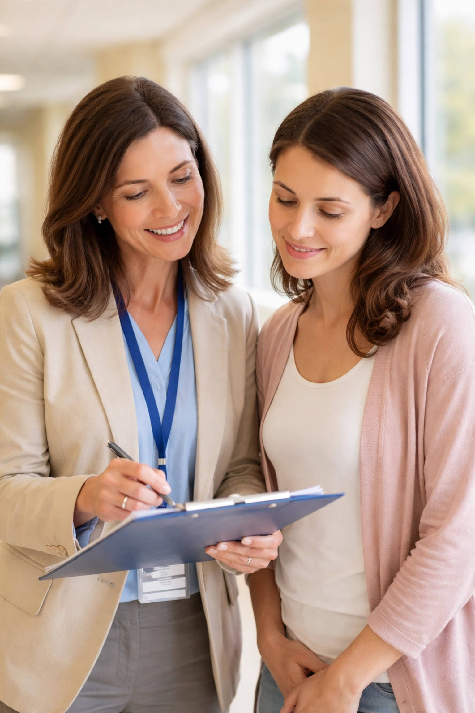Hospital discharge planner and family member reviewing paperwork in a Sarasota hospital, discussing assisted living options