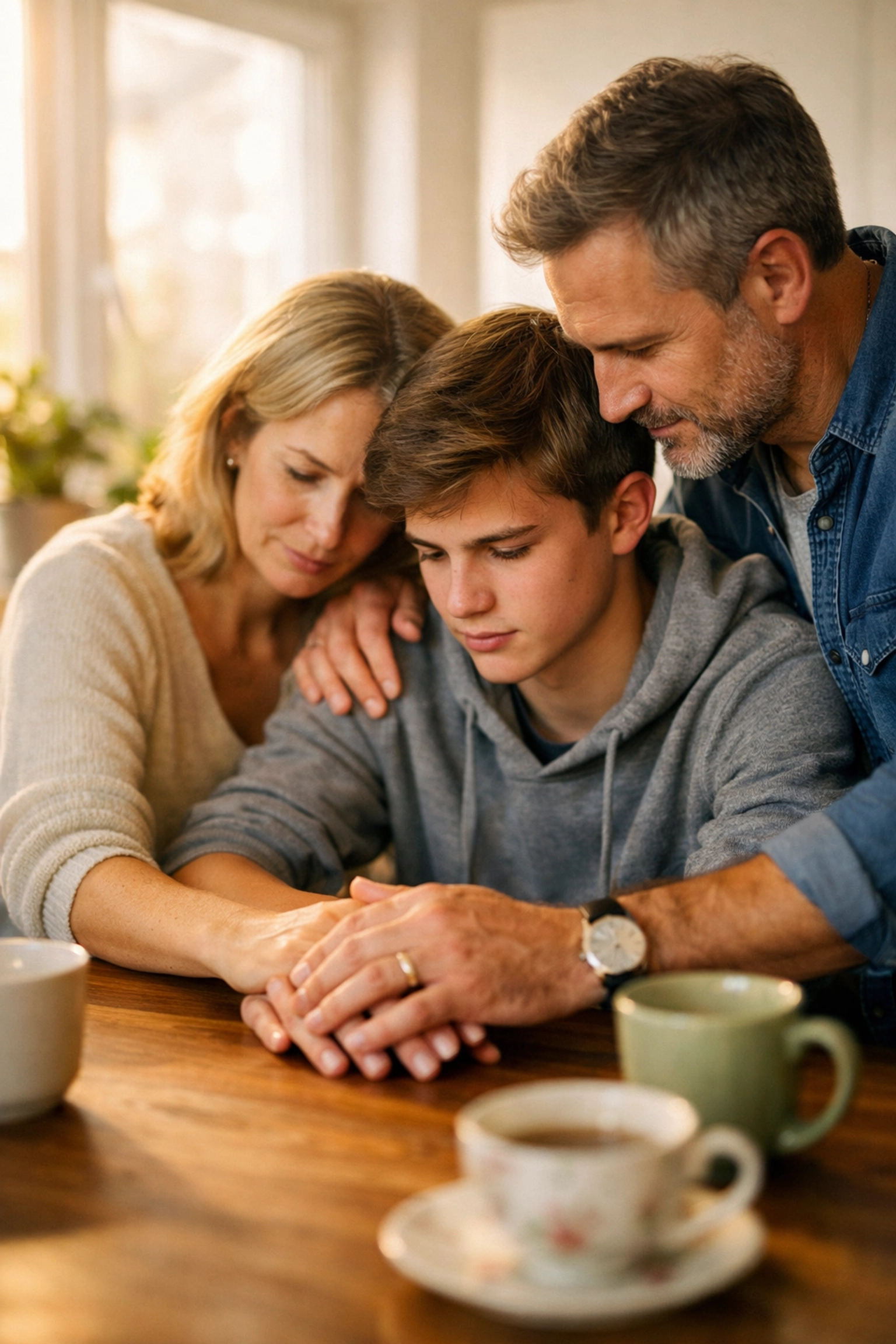 German family embracing gay son after coming out in kitchen with love and acceptance