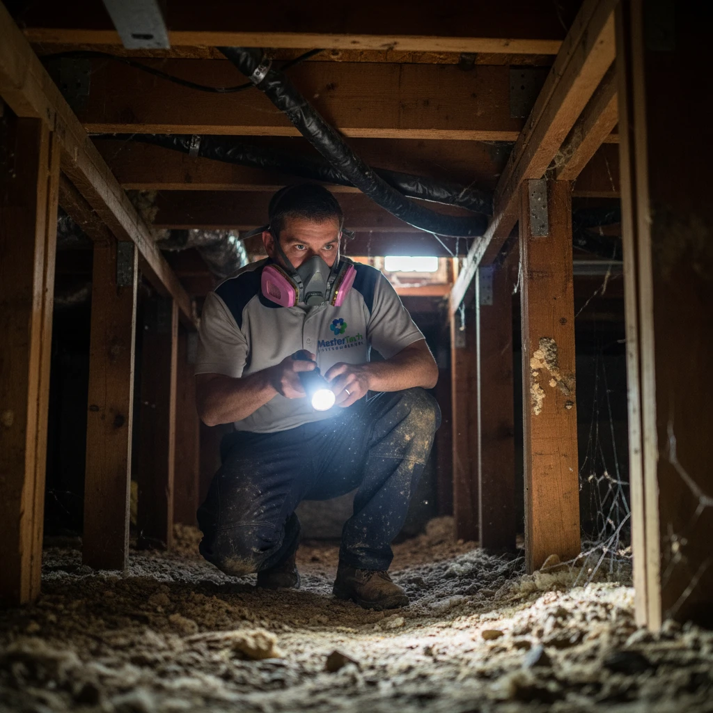Mastertech Environmental technician inspecting crawlspace